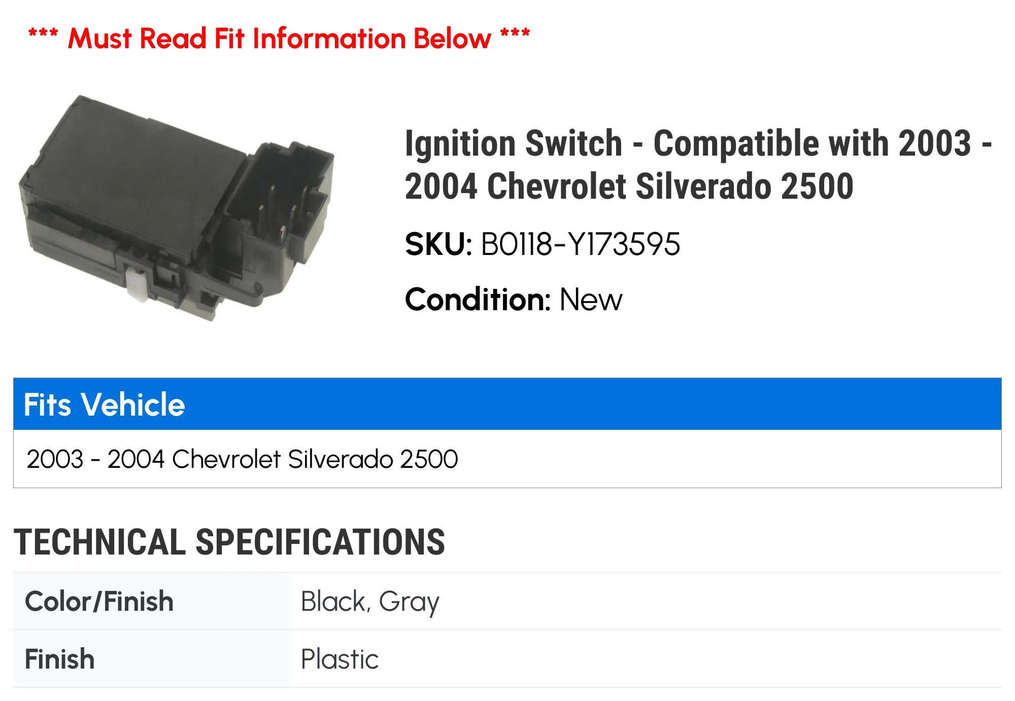 Ignition Switch - Compatible with 2003 - 2004 Chevy Silverado 2500
