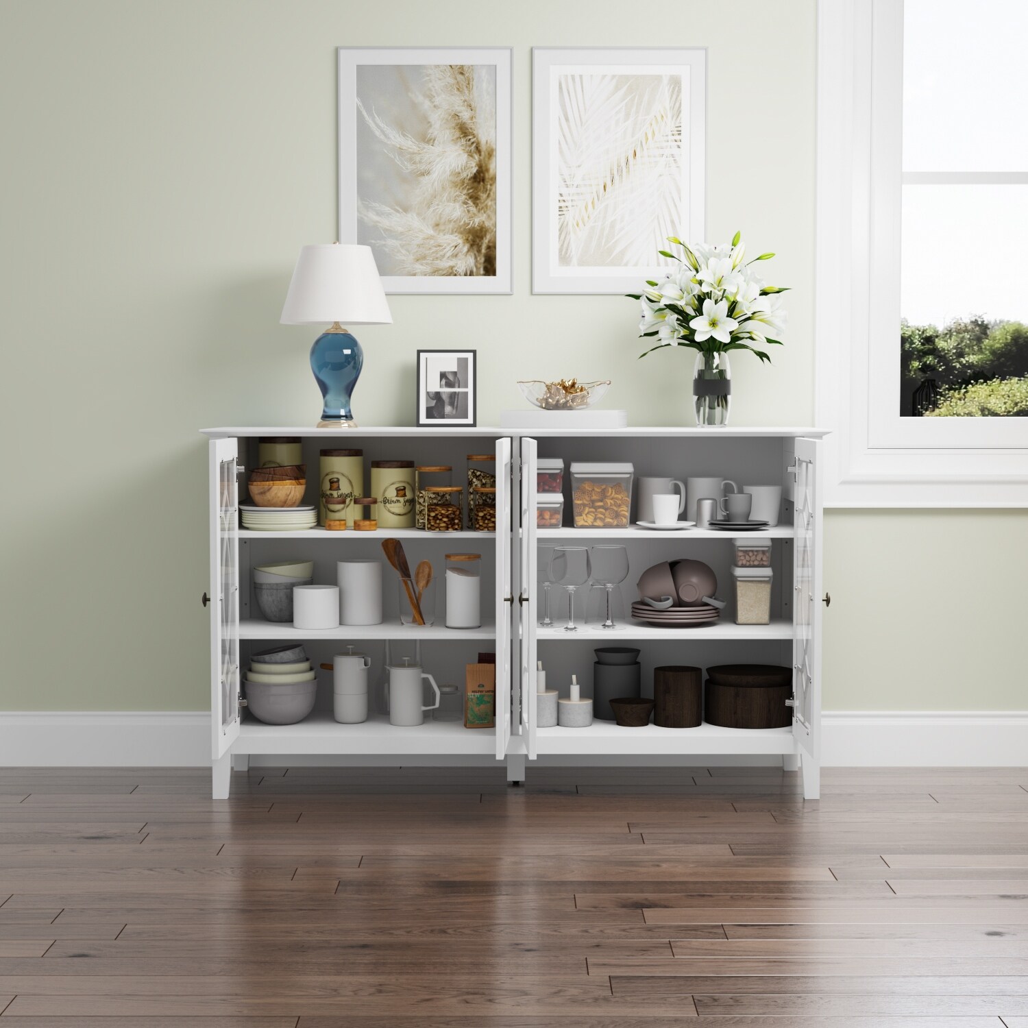 53.9'' W Sideboard Dresser Buffet Glass Door Storage Cabinet Display White