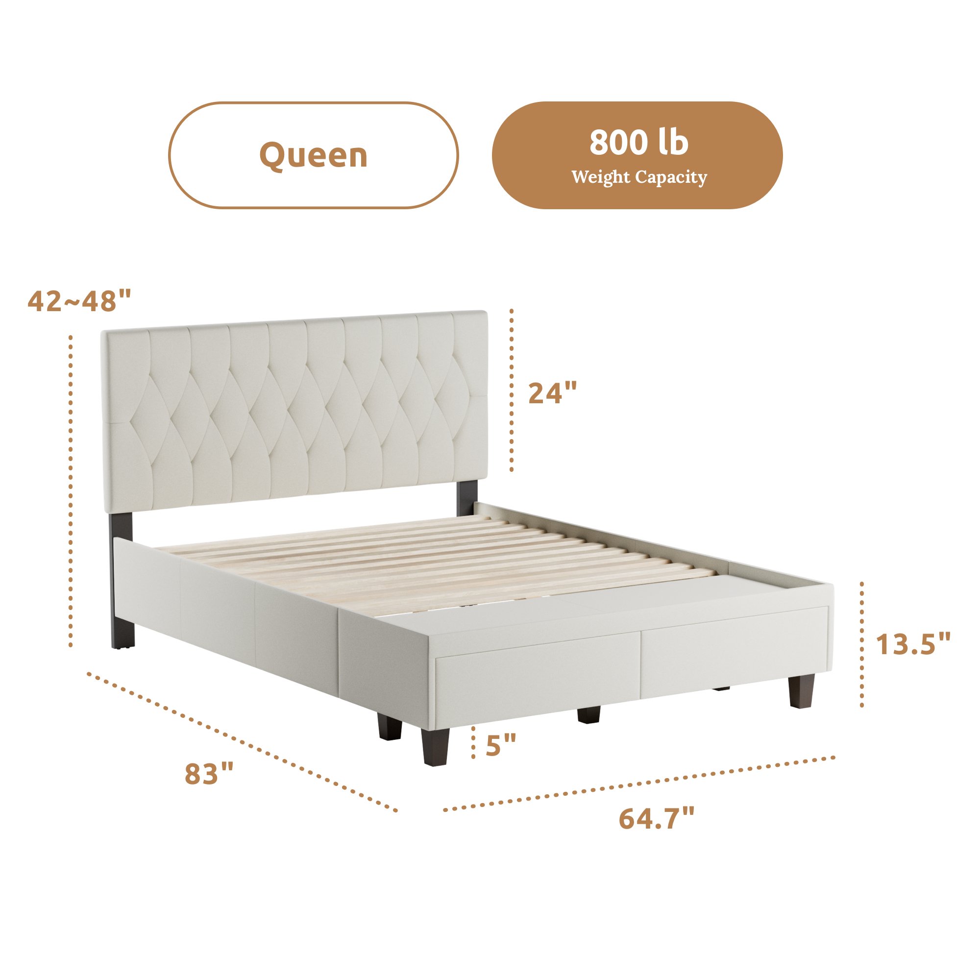 Rest Haven Jasper Upholstered Platform Bed with Drawers, King, Cream