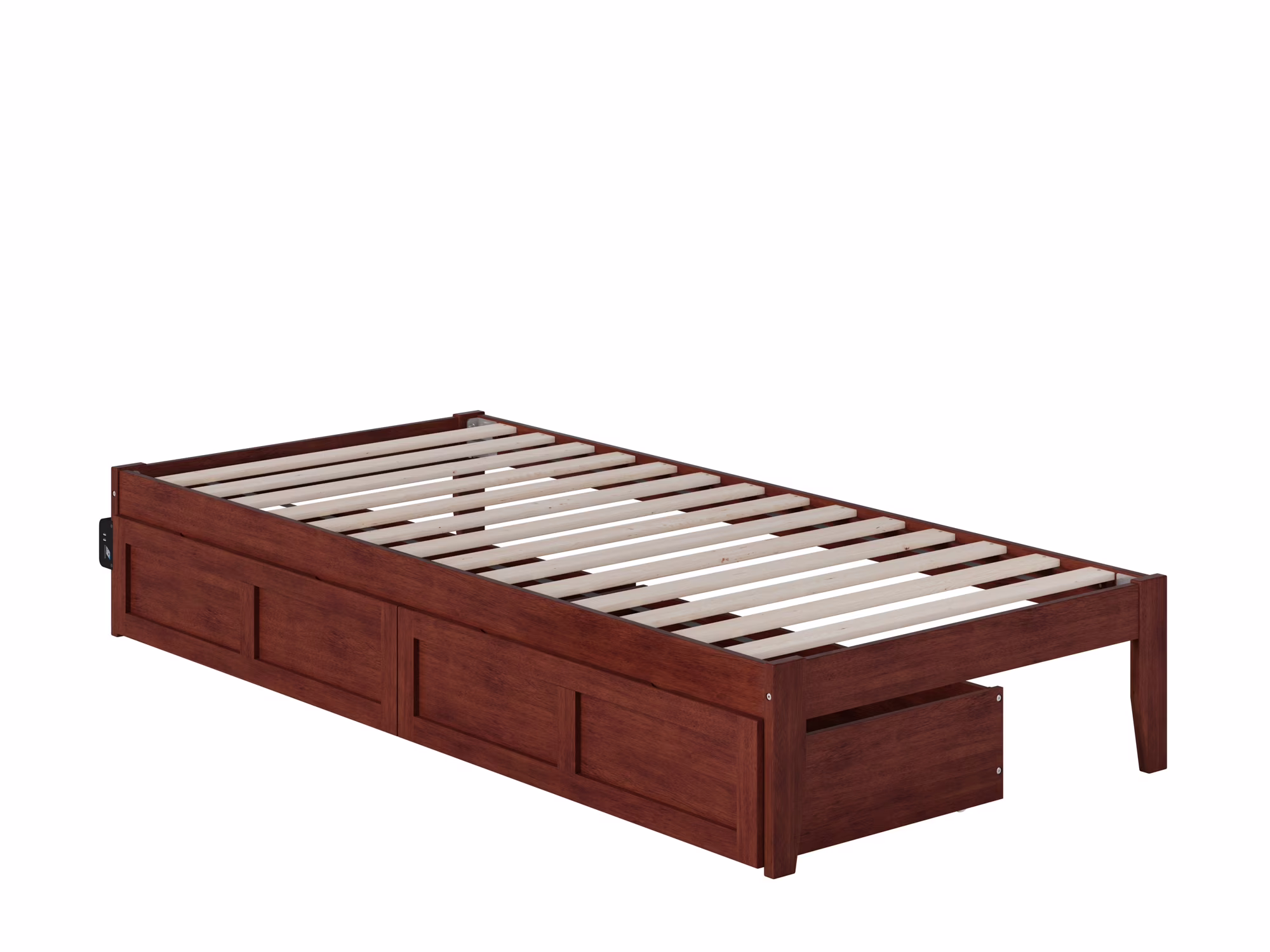 Colorado Twin Extra Long Bed with USB Turbo Charger and 2 Extra Long Drawers in Walnut