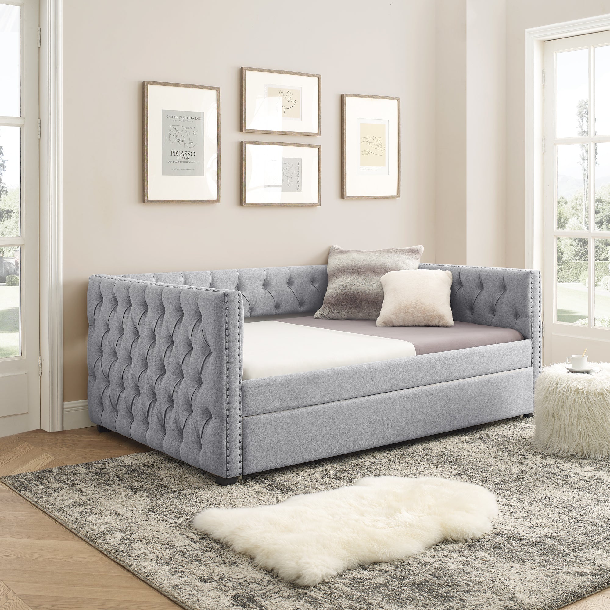 Demi Full Size Upholstered Daybed with Twin Size Trundle - Gray