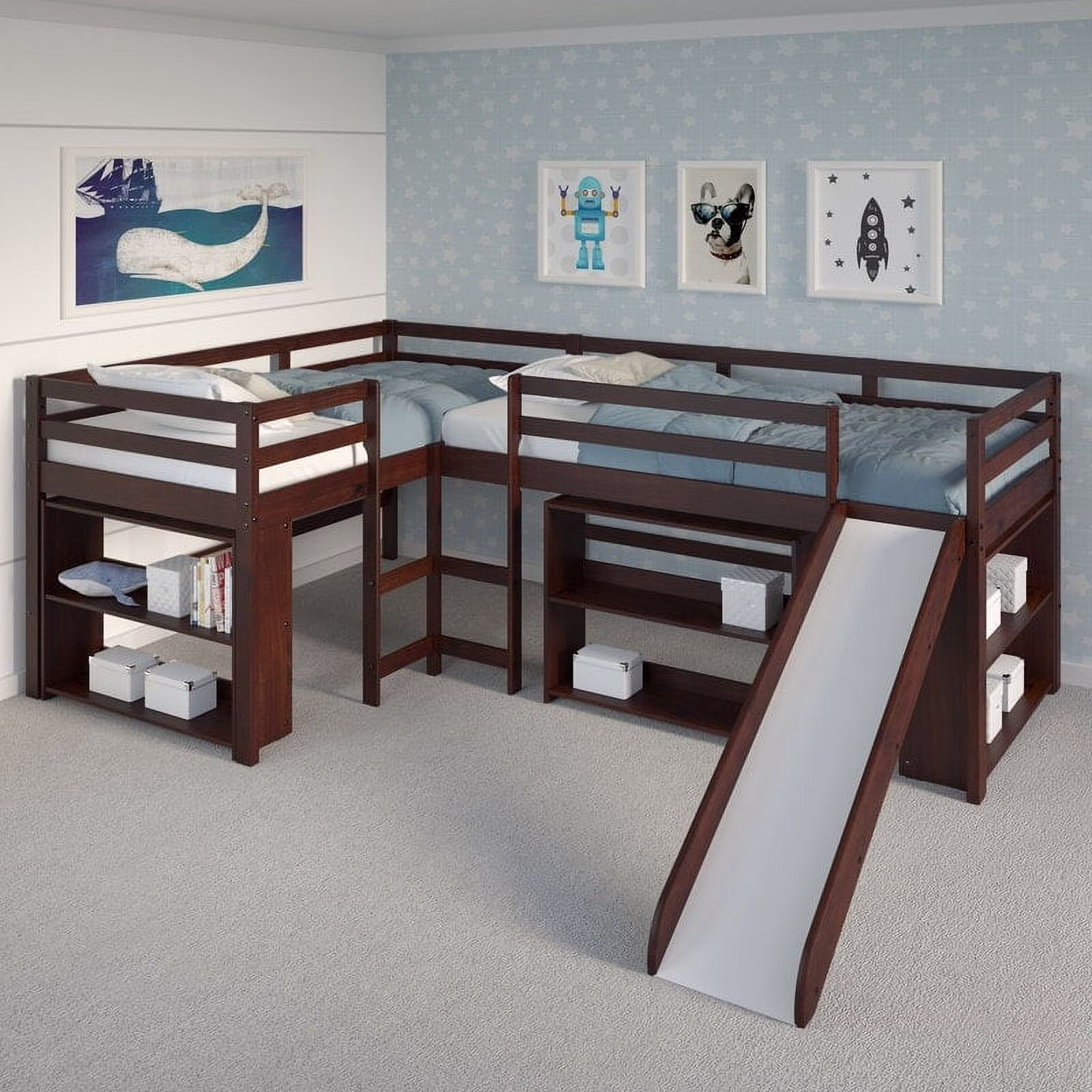 Double Twin L-Shaped Slide Loft Bedroom Set in Dark Cappuccino With Three Bookcases Three Bookcases Brushed
