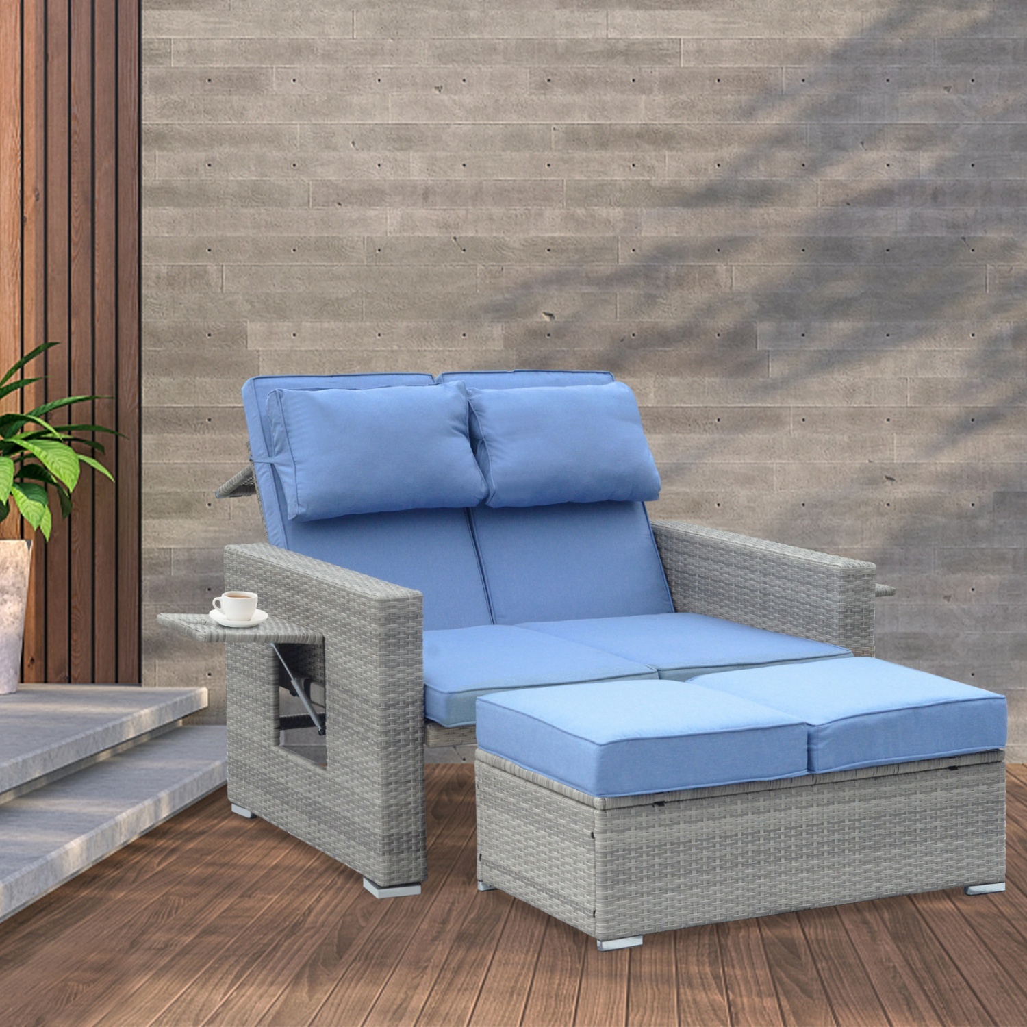 PE Wicker Rattan Double Chaise Lounge,2-Person Reclining Daybed with Adjustable Back and Cushions,Free Furniture Protection