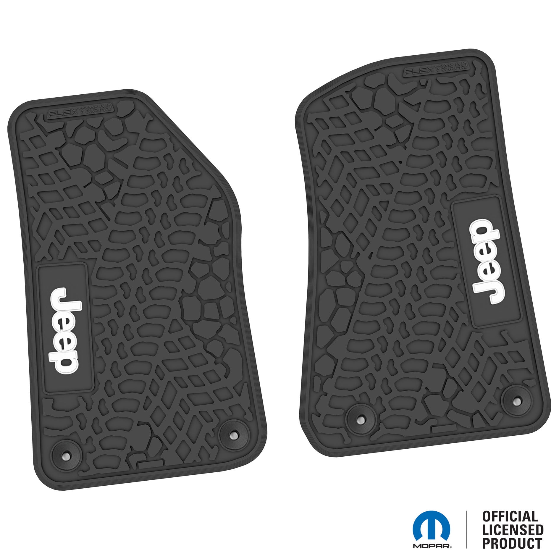Jeep Floor Mats 18-24 Jeep Wrangler JL 2 Dr/Gladiator 2 Piece Tire Tread/Scorched Earth Scene w/ Jeep Insert - Black w/ White Insert FlexTread