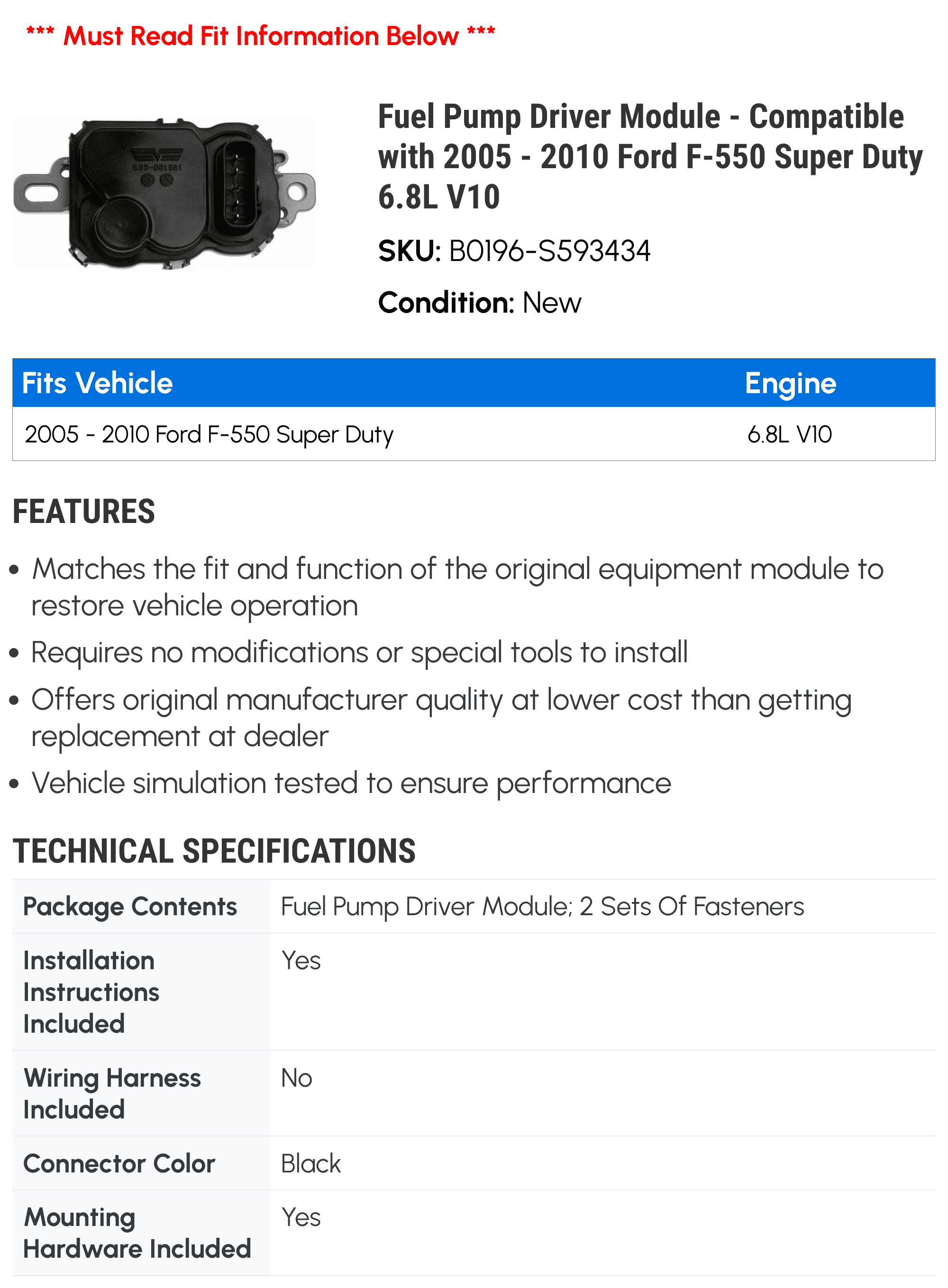 Fuel Pump Driver Module - Compatible with 2005 - 2010 Ford F-550 Super Duty 6.8L V10 2006 2007 2008 2009