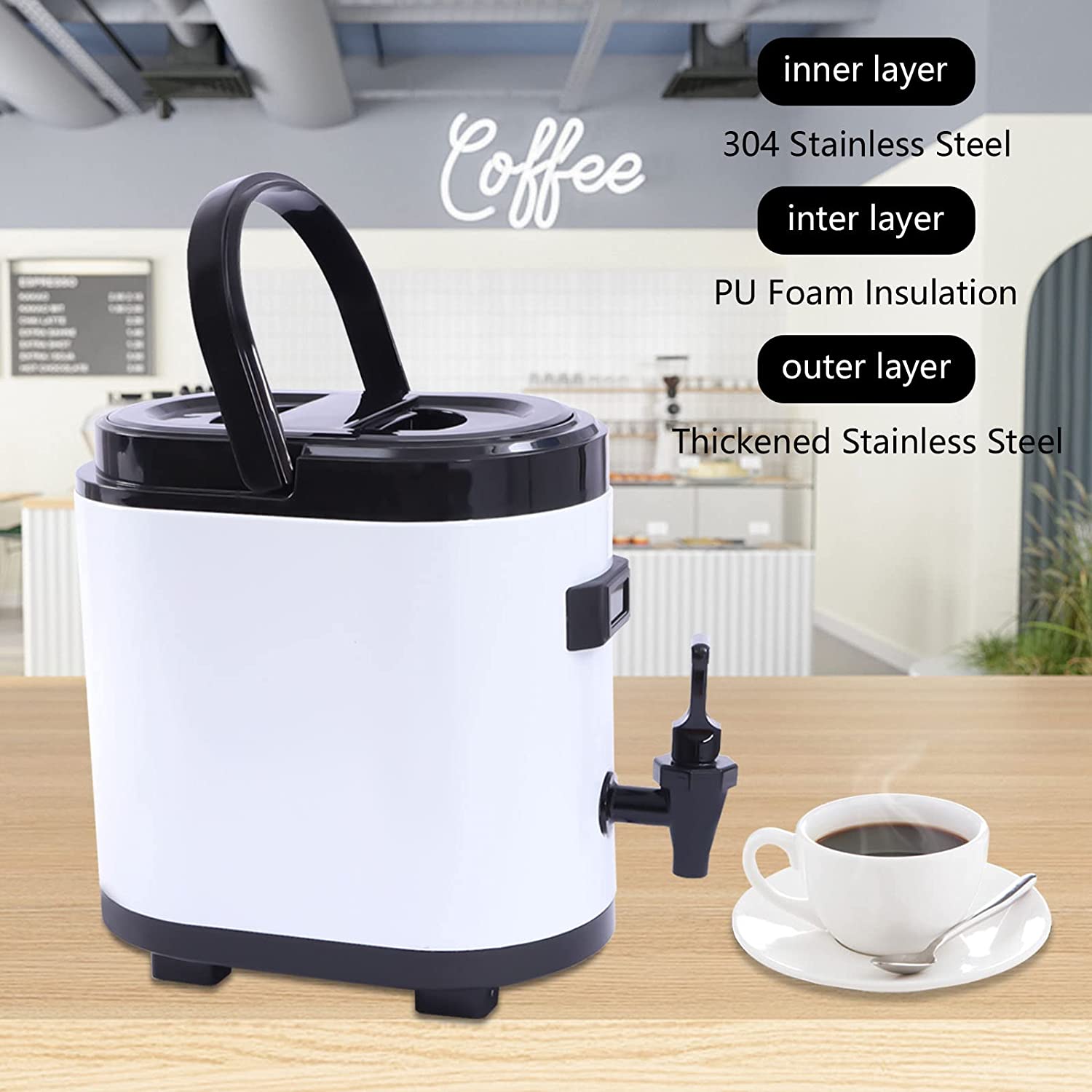 Miumaeov 6L 1.6gal 304 Stainless Insulated Beverage Dispenser Hot Cold Drink Dispenser