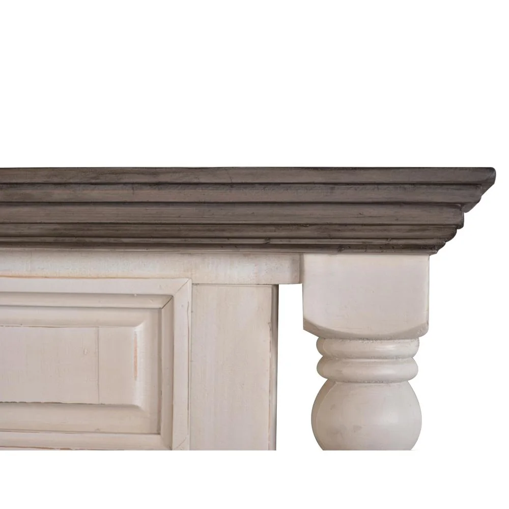 Rustic French 5Pc Queen Bedroom Set in Distressed White/Brown Wood / Panel Bed