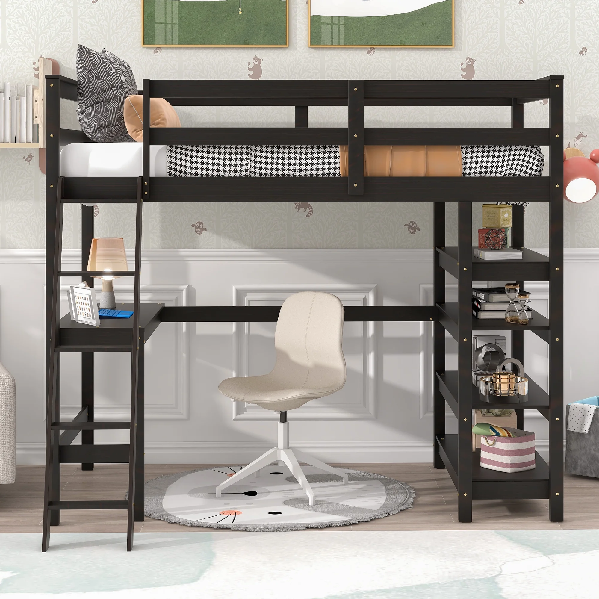 Pouseayar Twin Size Loft Bed with Desk & 4-Storage Shelves for Teenagers, Adults,Espresso