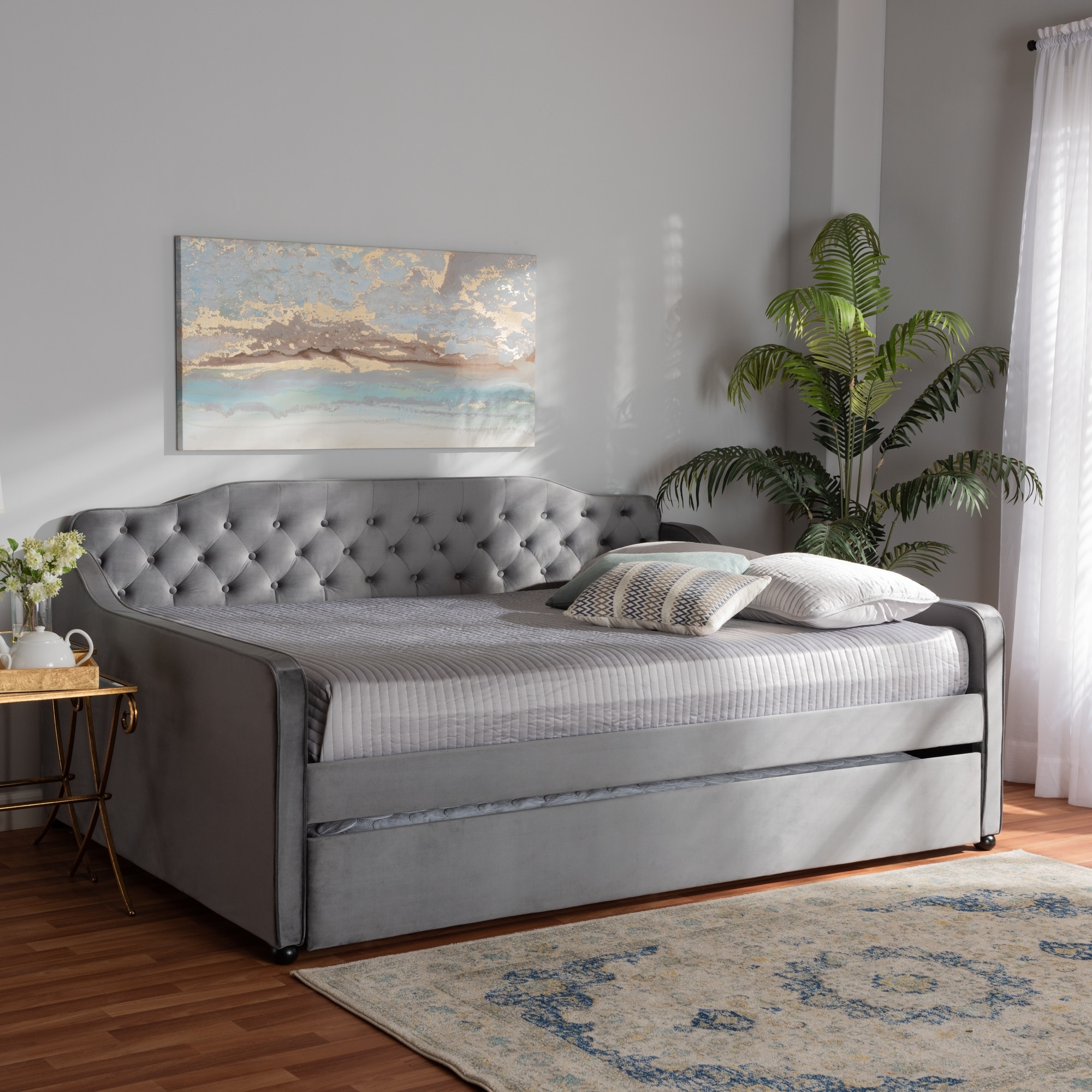 Silver Orchid  Titus Contemporary Tufted Velvet Daybed with Trundle Grey Full
