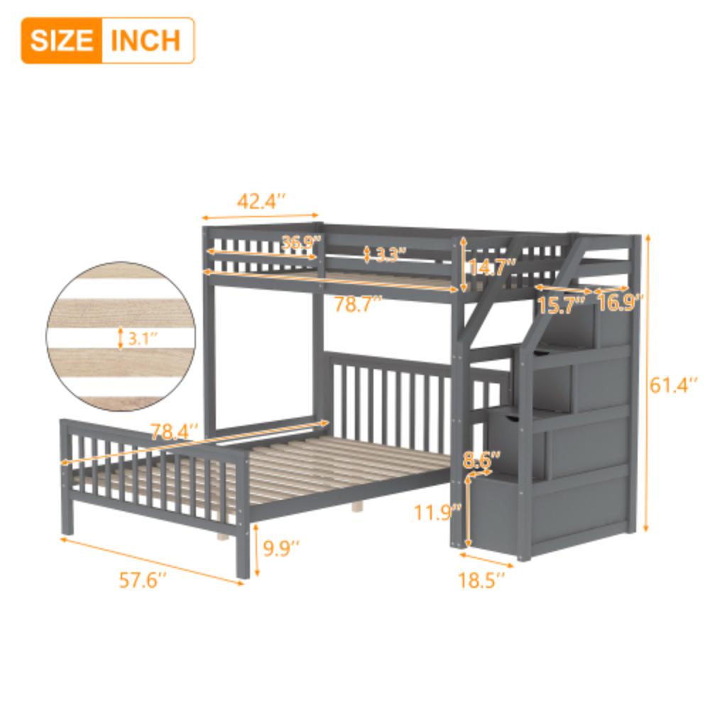 Twin over Full Loft Bed with Staircase,Gray(