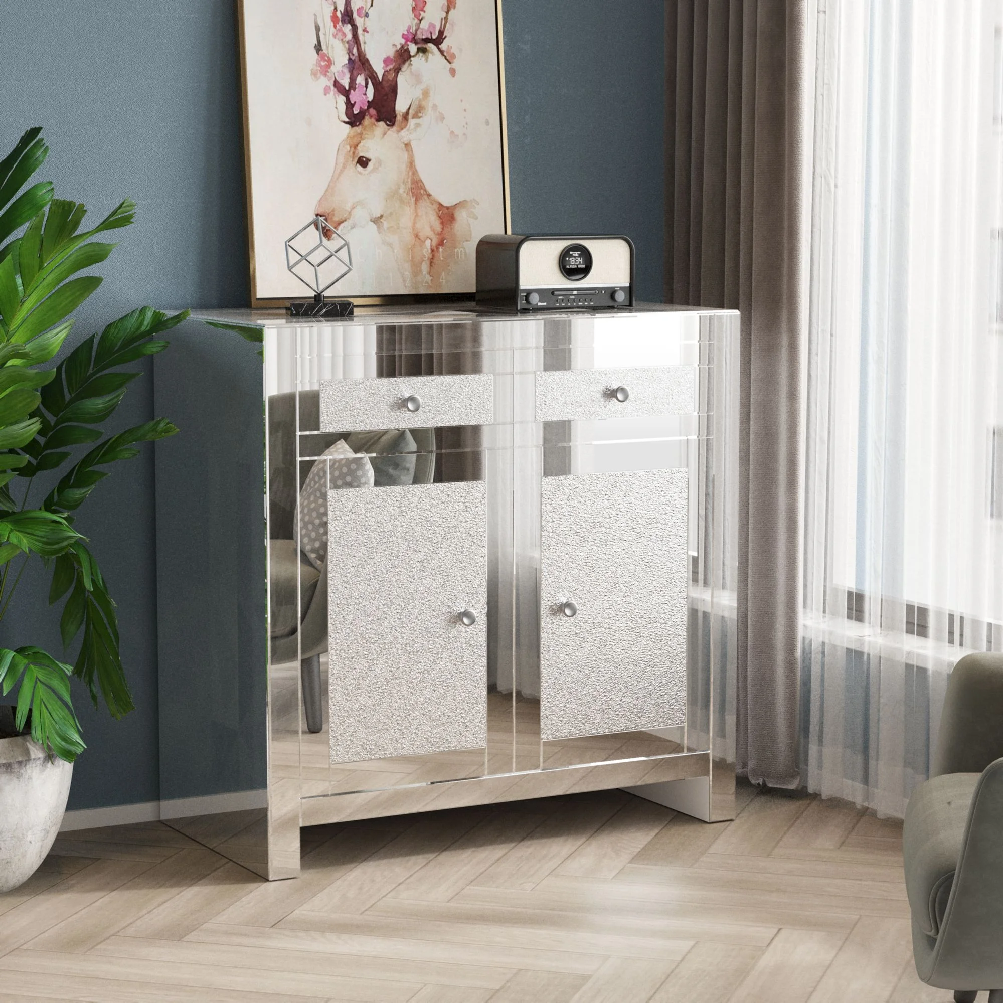 Luxury Mirrored Accent Cabinet Buffet Sideboard Storage 2-Diamonds Shining Door Chest with 2 Drawers Silver