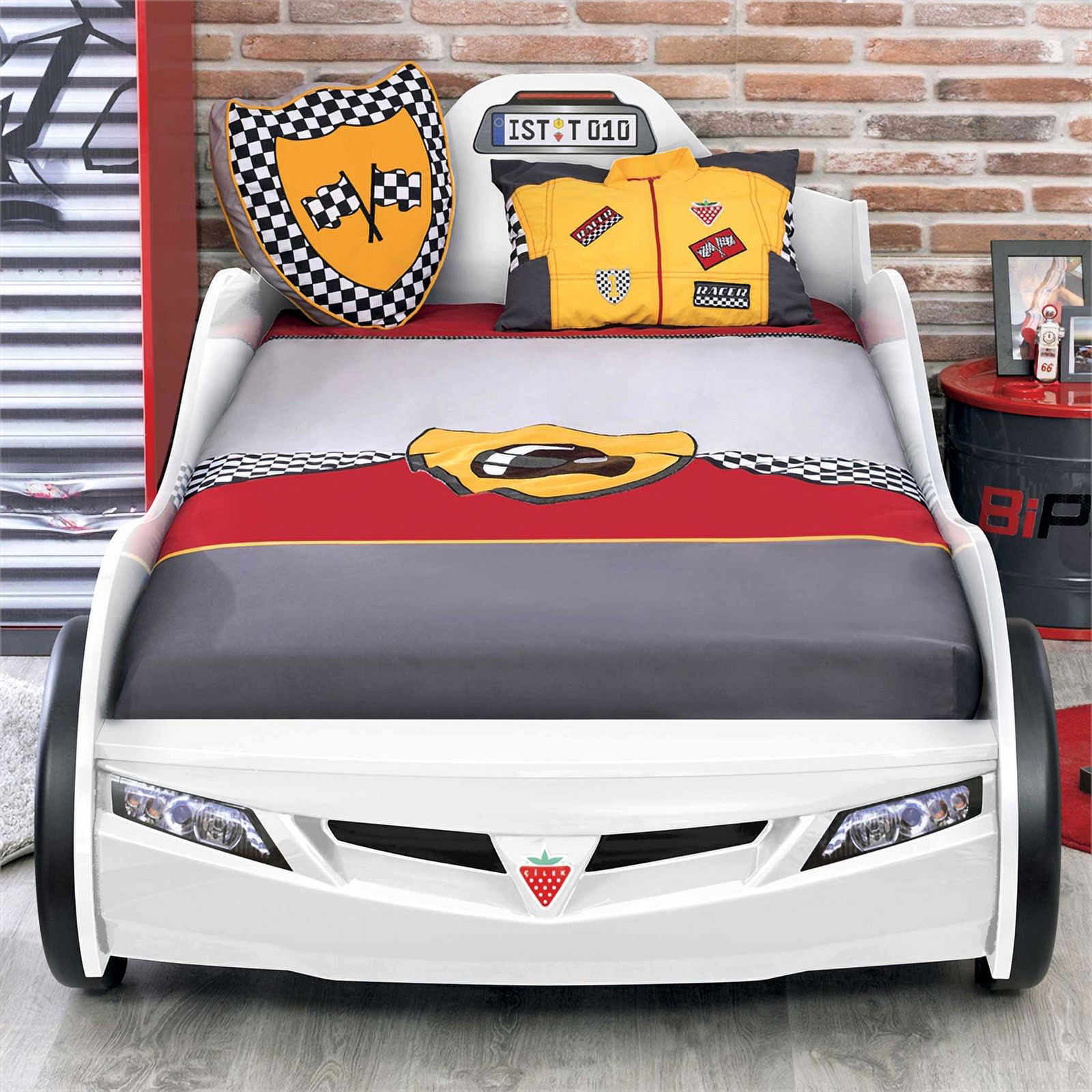 Cilek Kids Room Race Cup Wood Twin Car Bed with Cool Details in White