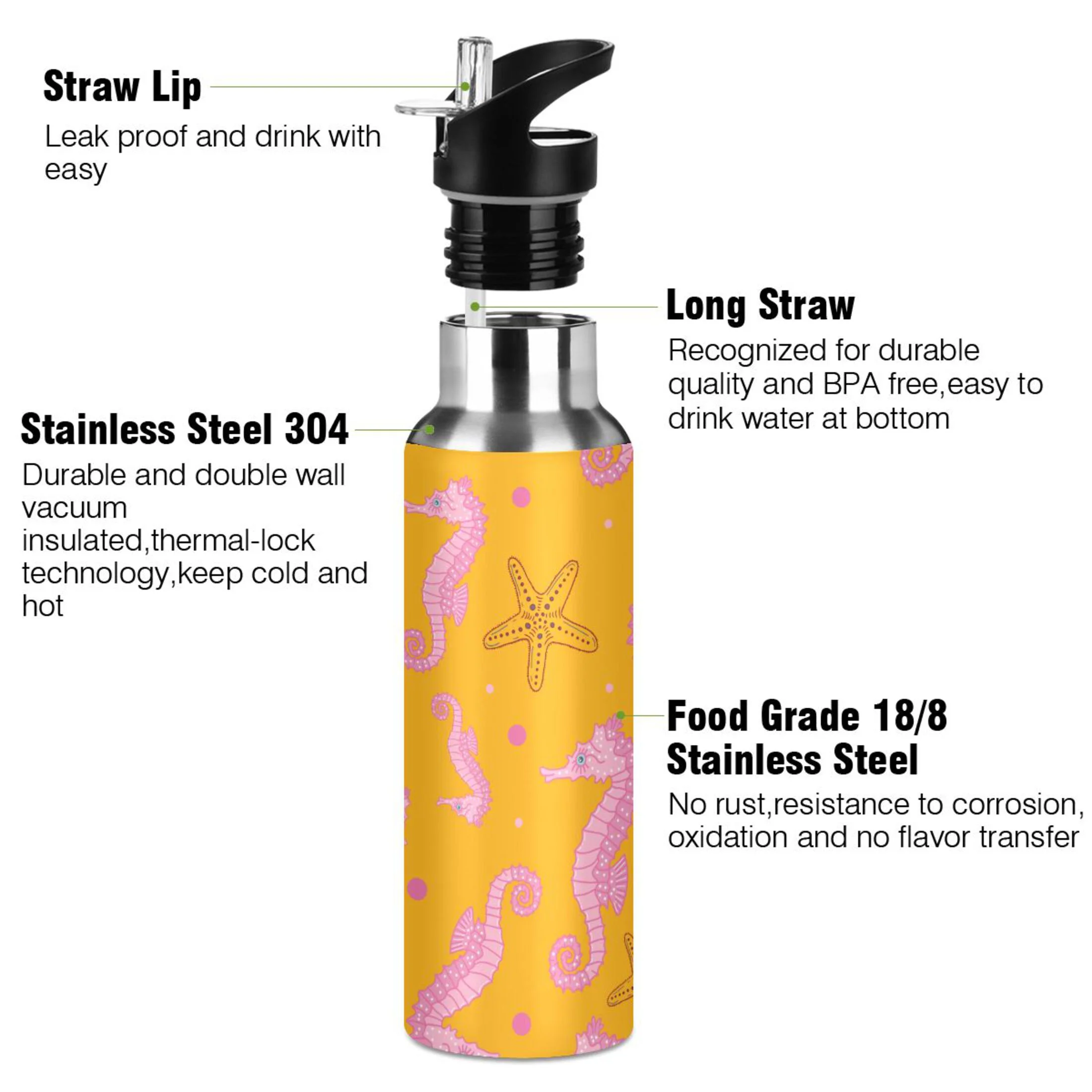 Water Bottle with Straw Lid Leak Seahorse Starfish Polka Dots Stainless Steel Insulated Thermos Vacuum Flask for Cold Hot Drinking for Sports Camping Gym Yoga