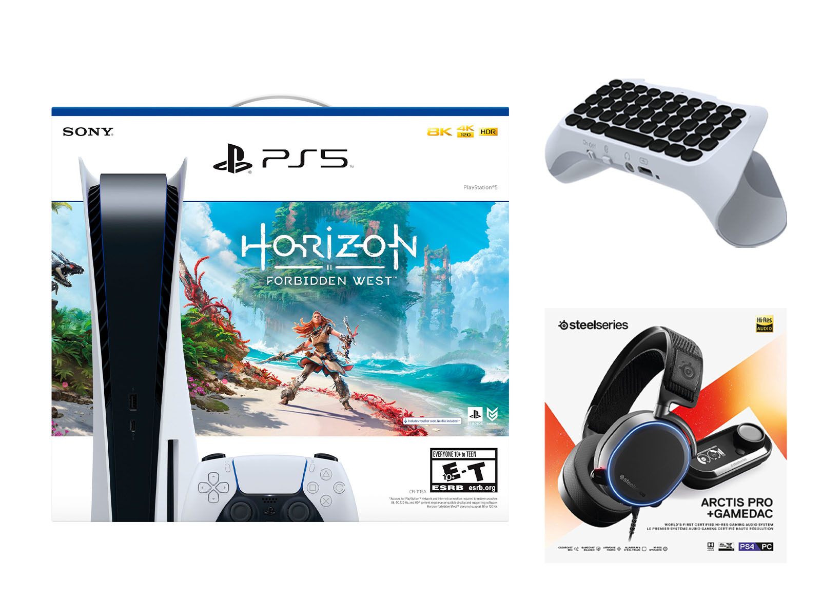 Sony Playstation 5 Disc Horizon Forbidden West Bundle with SteelSeries Arctis Pro + GameDAC Gaming Headset and Surge Wireless QuickType 2.0 Keypad