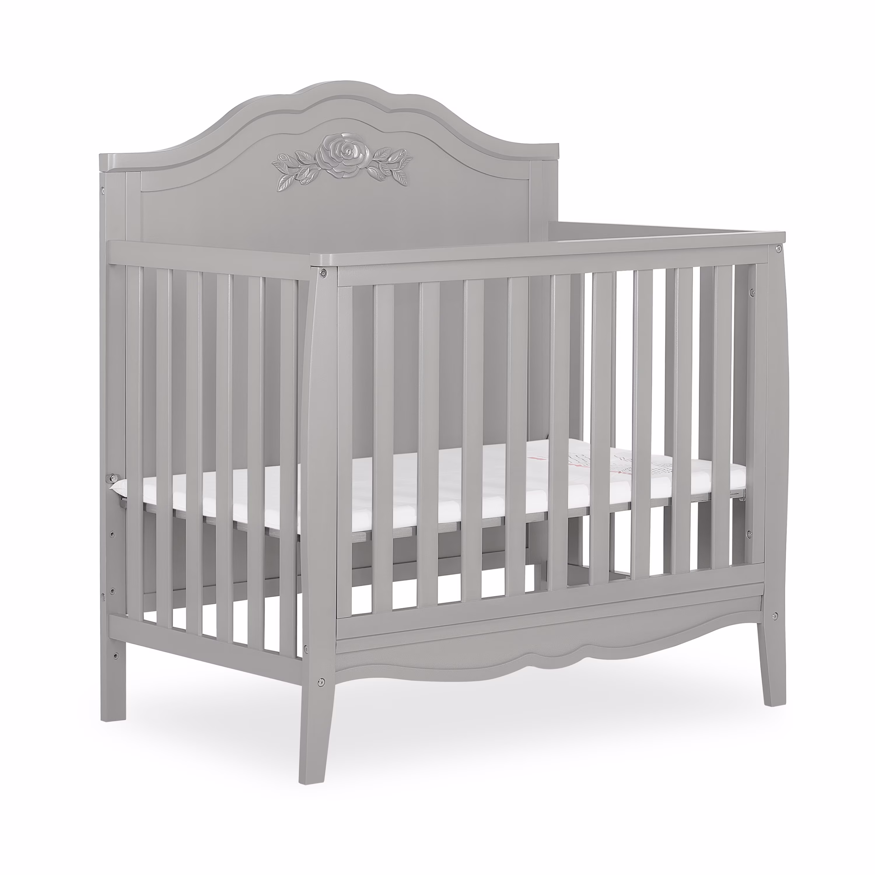 SweetPea Baby Rose 4-in-1 Convertible Mini Crib in Platinum, JPMA Certified Baby Crib, Non-Toxic Finish, New Zealand Pinewood, with 3 Mattress Height Settings Crib Platinum