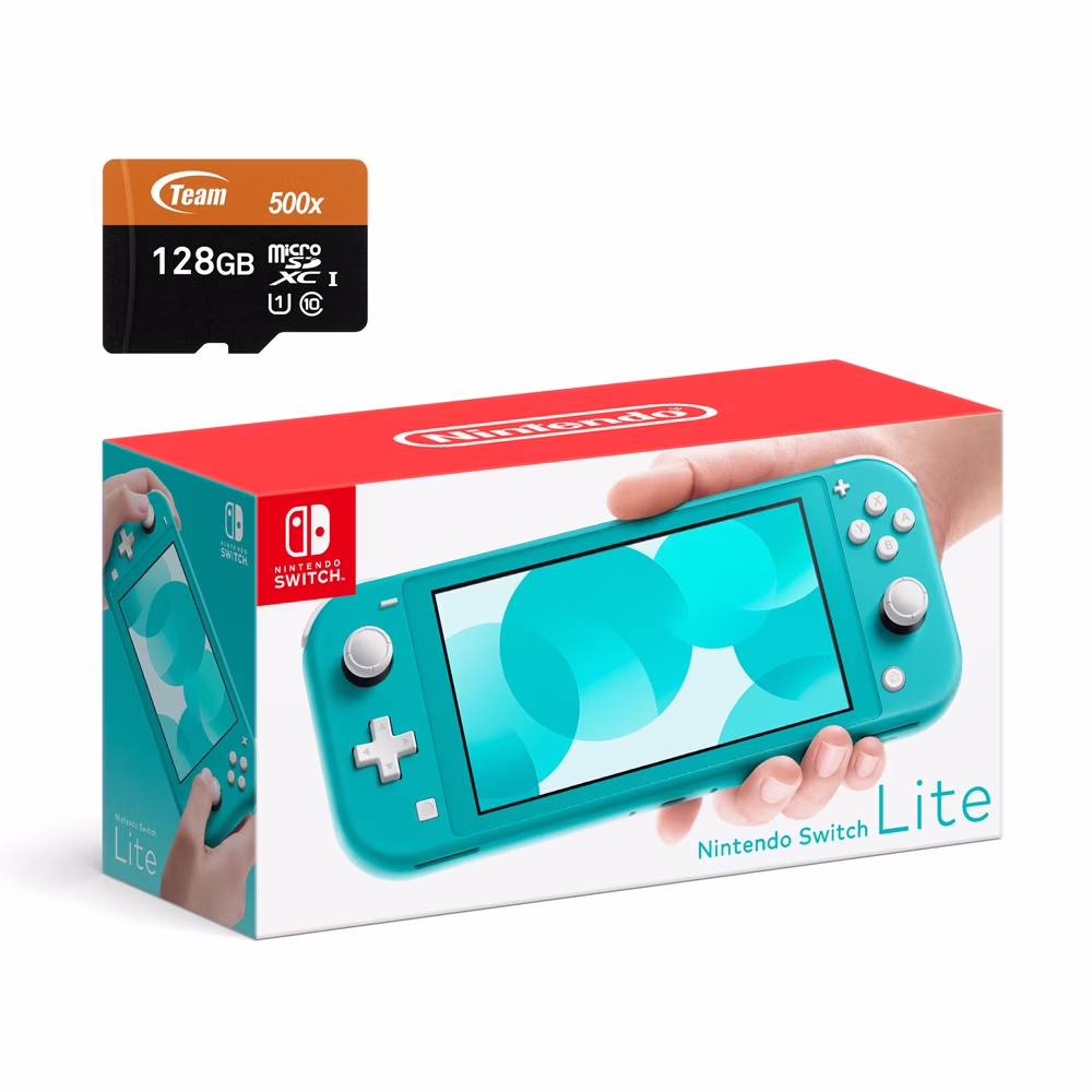 Nintendo Switch Lite Console - Turquoise - With 128GB Micro SD Card and Adapter