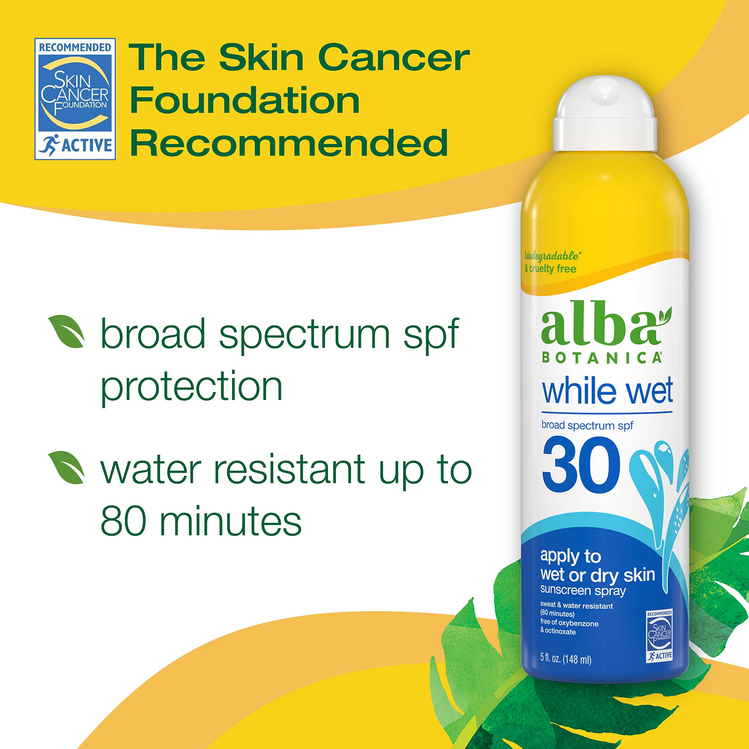 Alba Botanica Sunscreen For Face And Body, While Wet Sunscreen Spray, Broad Spectrum Spf 30, Water Resistant Sunscreen For Wet And Dry Skin, 5 Fl. Oz. Bottle (Pack Of 2).