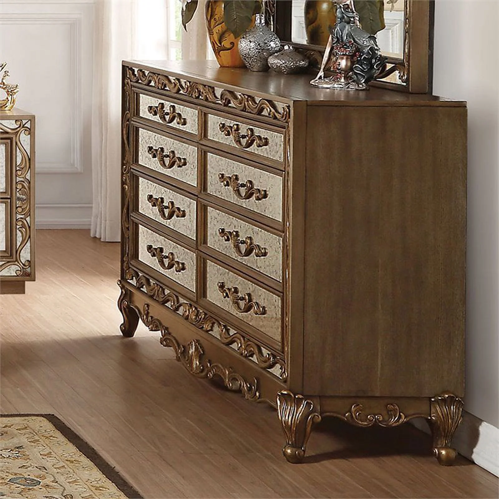 ACME Orianne 8-Drawer Dresser in Antique Gold and Mirrored