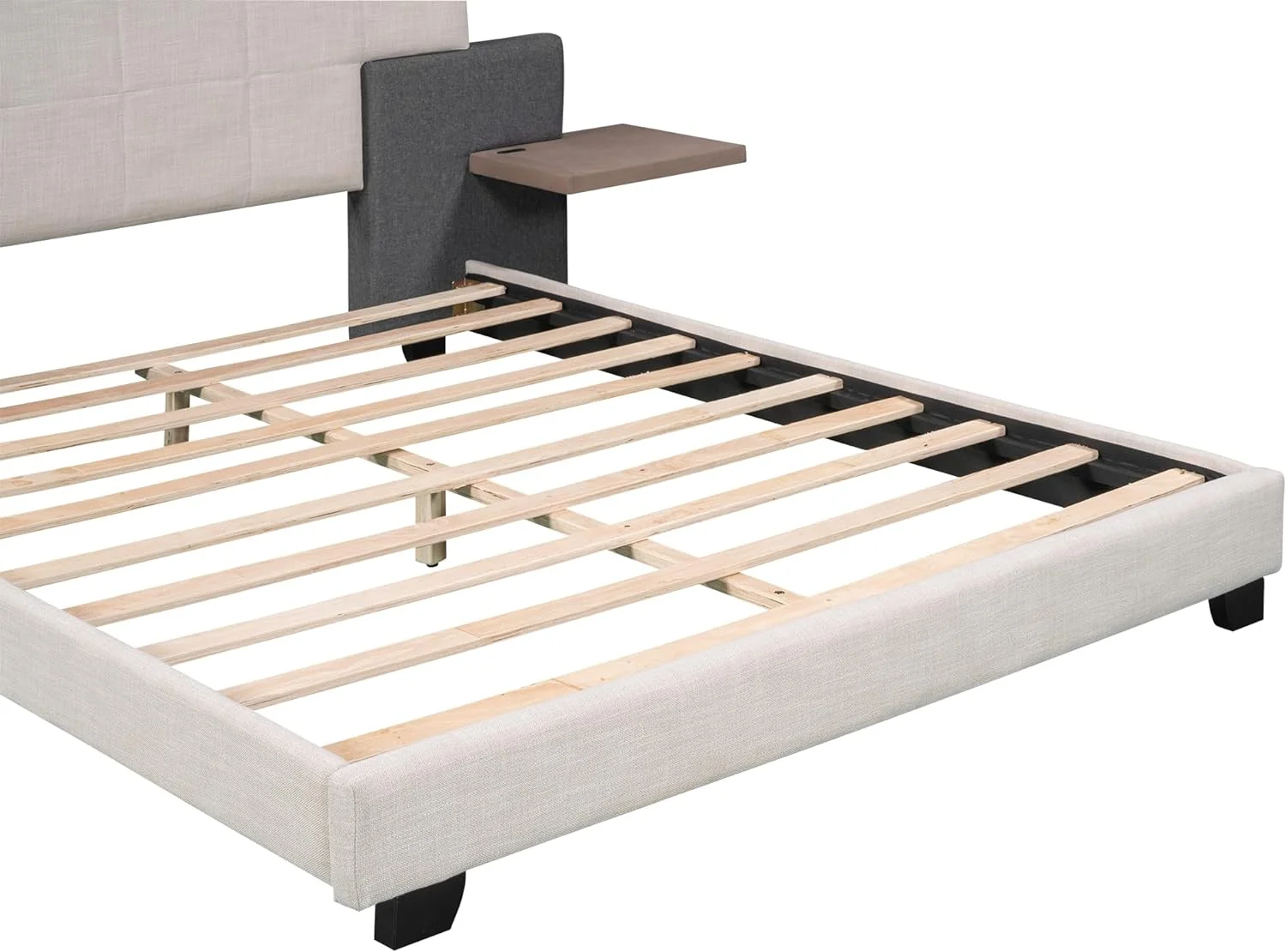 Queen Size Upholstered Platform Bed with Headboard and Bedside Shelves,Wood Bed Frame USB Charging Port Design,No Spring Box Needed,for Bedroom,Apartment