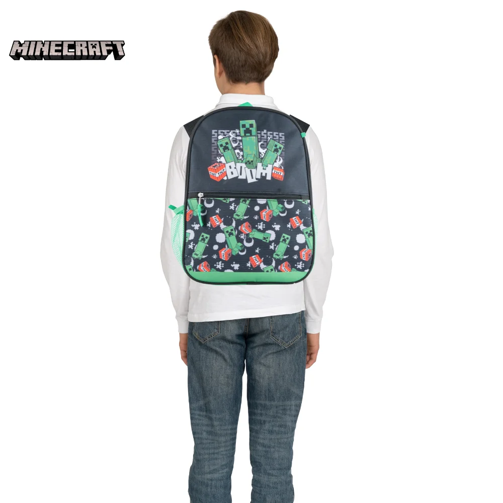 Minecraft Kids Backpack with Lunch Bag Water Bottle and Pencil Pouch 5 Pc 16 inch Black