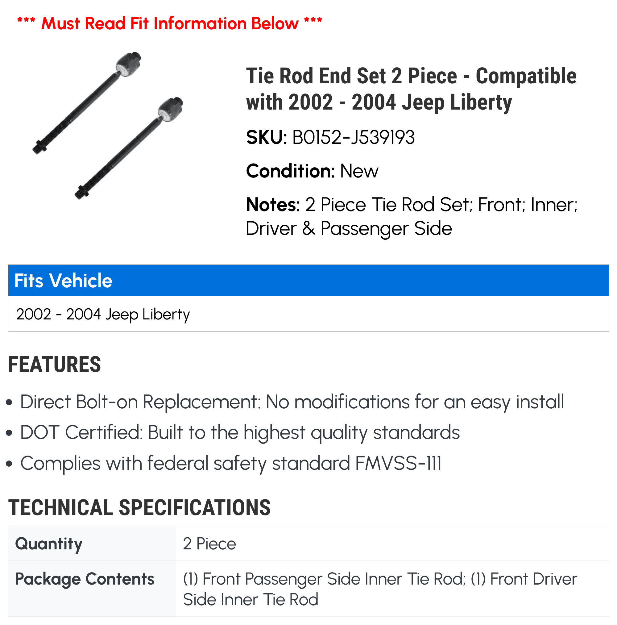 Tie Rod End Set 2 Piece - Compatible with 2002 - 2004 Jeep Liberty 2003