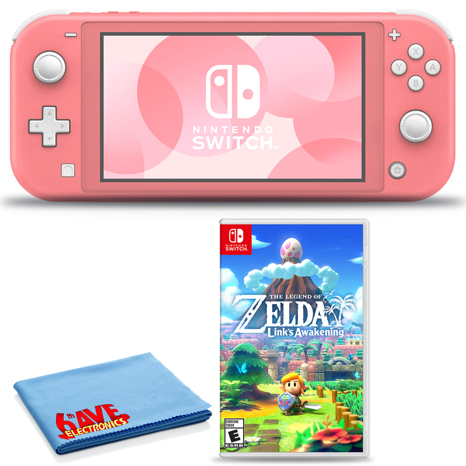 Nintendo Switch Lite (Coral) Bundle with 6Ave Cleaning Cloth and The Legend of Zelda: Links Awakening