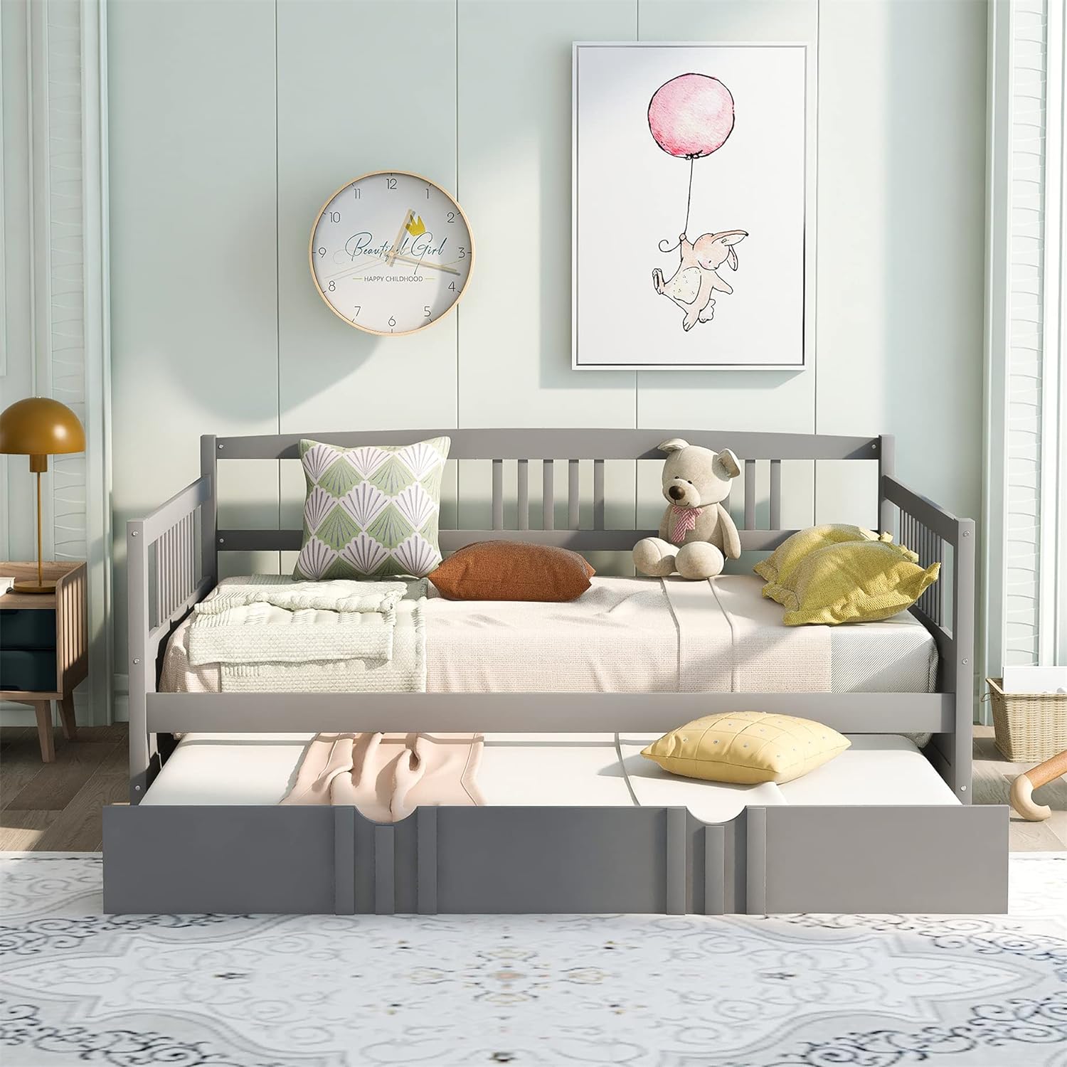 Full Size Daybed, Daybed Wih A rudle, Wood Bed Frame Wih Size rudle Bed For Kids/Gues Bedroom, o Box Sprig Required, Grey