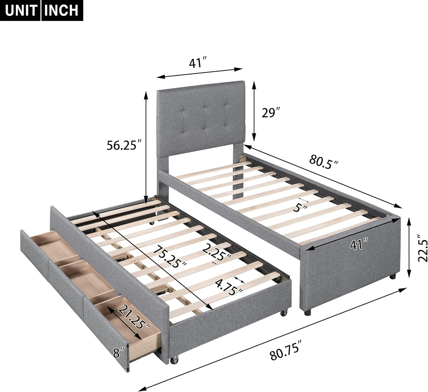 Upholstered Size Platform Bed With Headboard, Wood Bed Frame With Pull-Out Trudle Ad 3 Drawers Udereath, Lie Storage Ad Trudle Bed For Kids Tees,Gray