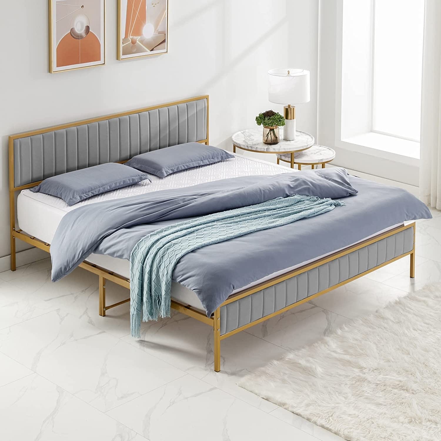 Mixoy Bed Frame,Bedroom Furniture,Dutch Velvet,Upholstered Bed Frame with Channel Tufted Headboard Light Grey - King