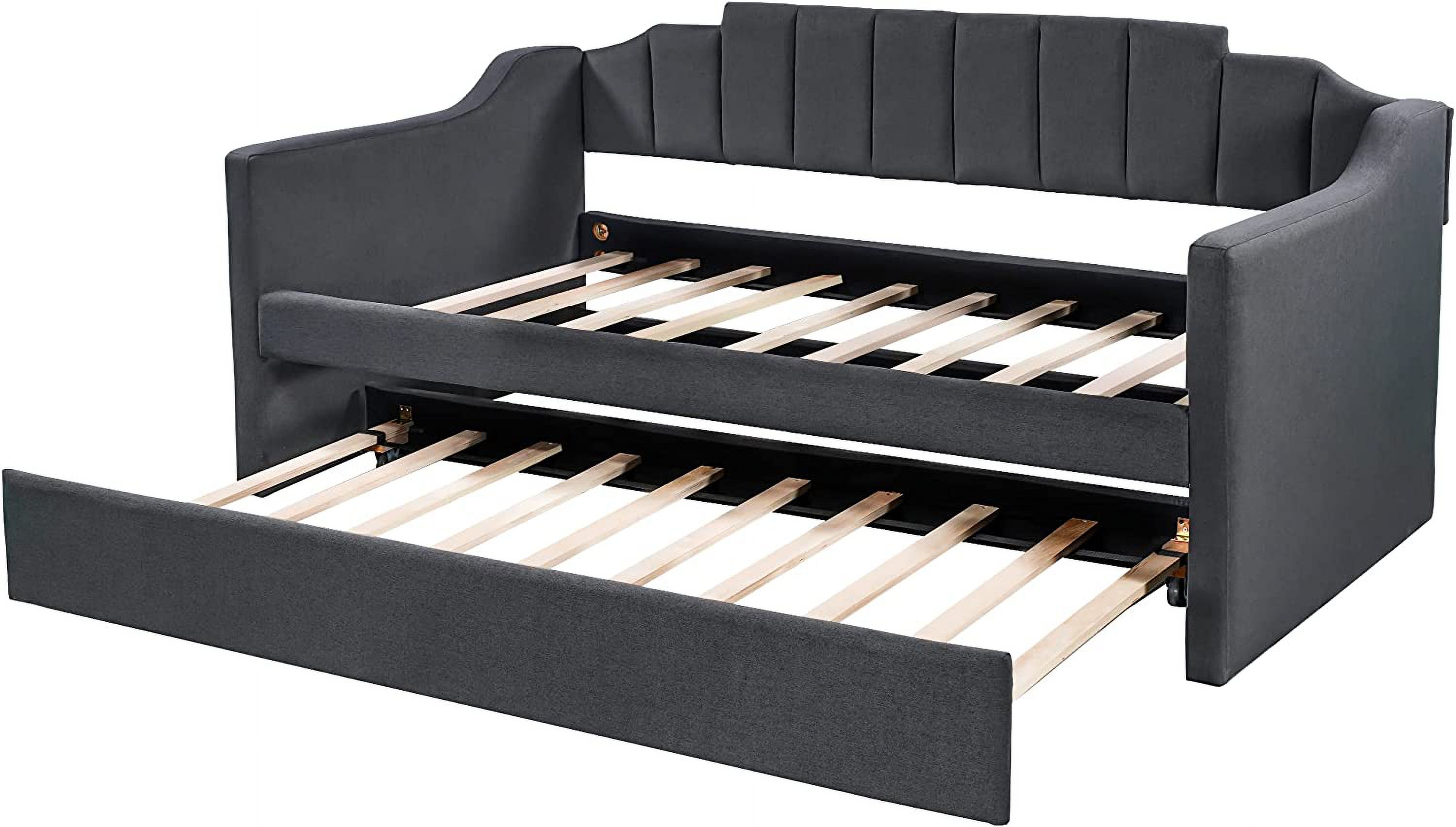 Daybed Wi Trundle, Upholstered Sofa Bed Wood Bed Frame Wi Swooping Arms, Daybed Frame No Box Spring Needed (Black)