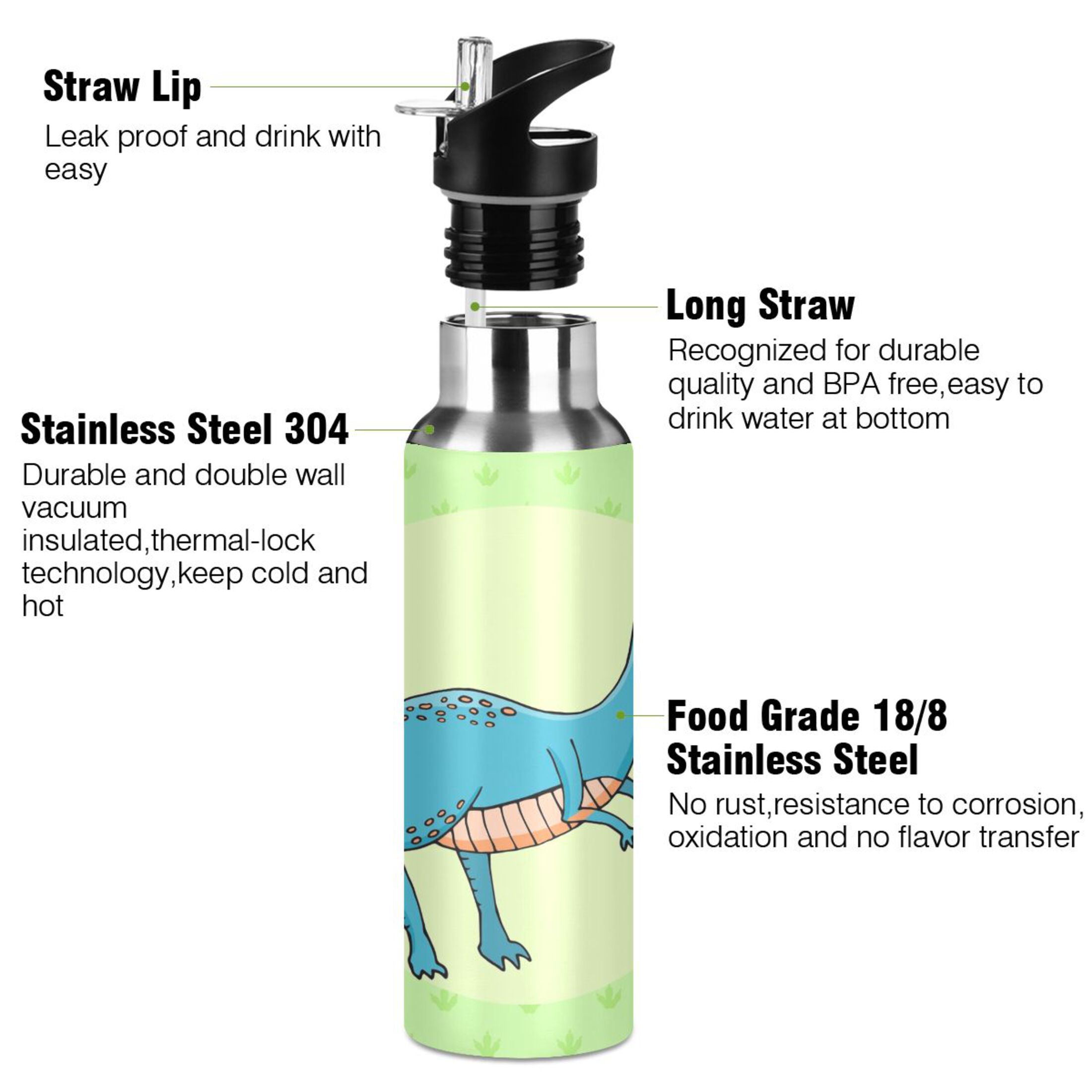 Stainless Steel Water Bottle Dinosaur with Footprint with Straw Lid Vacuum Insulated Keeps Hot and Cold Leak Proof Flask Jug for Gym Travel Sports Cycling Outdoor 20 OZ