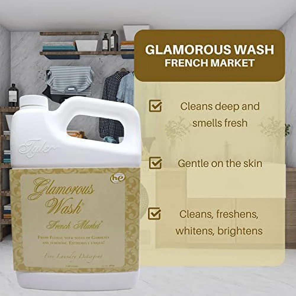 Tyler Candle Company Glamorous Wash French Market Scent Fine Laundry Liquid Detergent - Liquid Laundry Detergent for Clothing - Hand and Machine Washable - 1.89L 64 Fl Oz Container w Bonus Key Chain