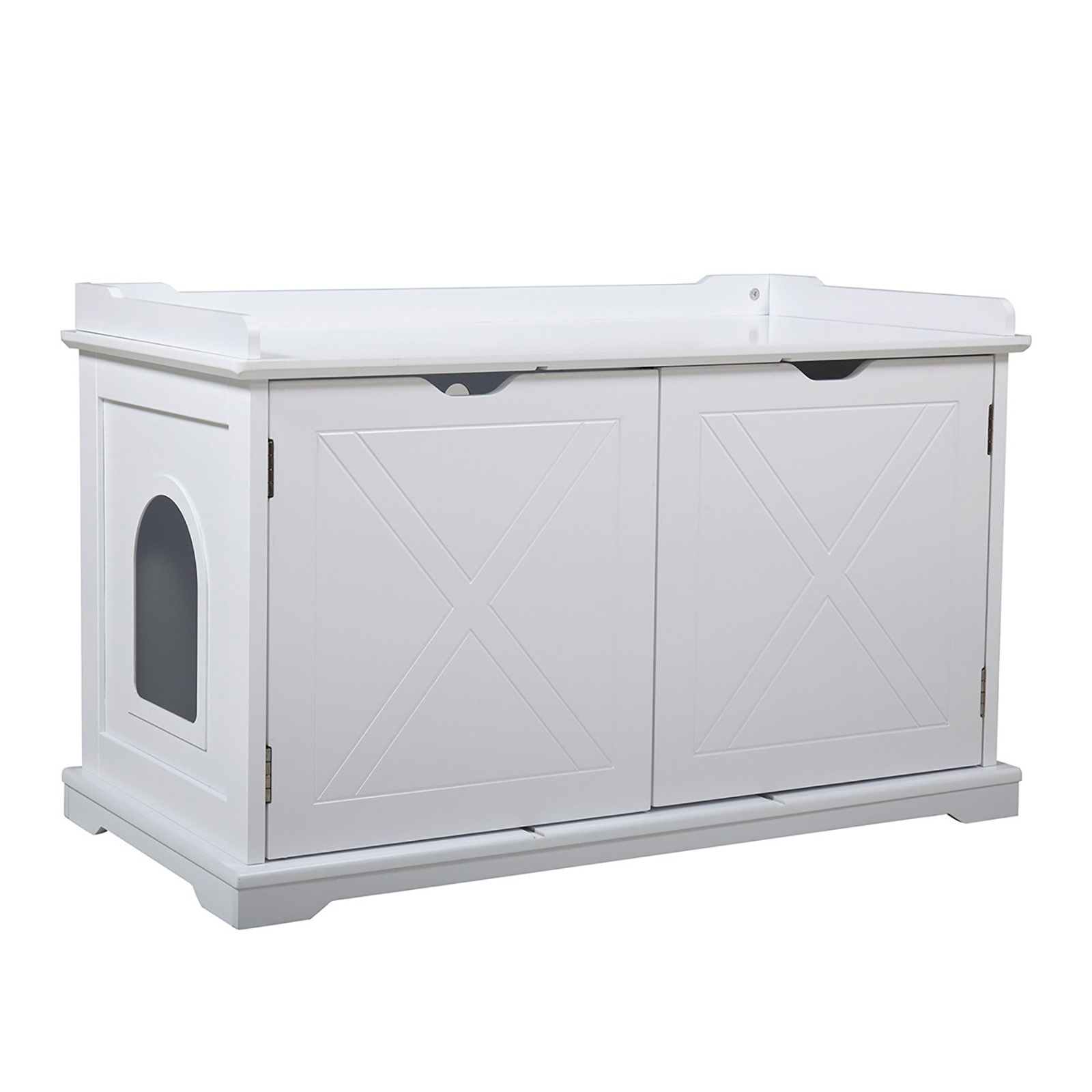 Dcenta Cat Washroom Bench, Wood Litter Box Cover, Removable Partition, Ventilated Holes, White