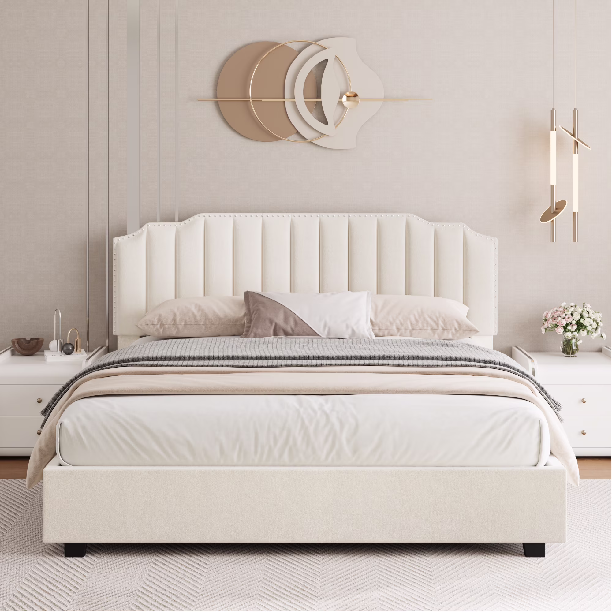Beige Velvet Queen Bed with Easy Lift-Up Feature for Spacious Underbed Storage