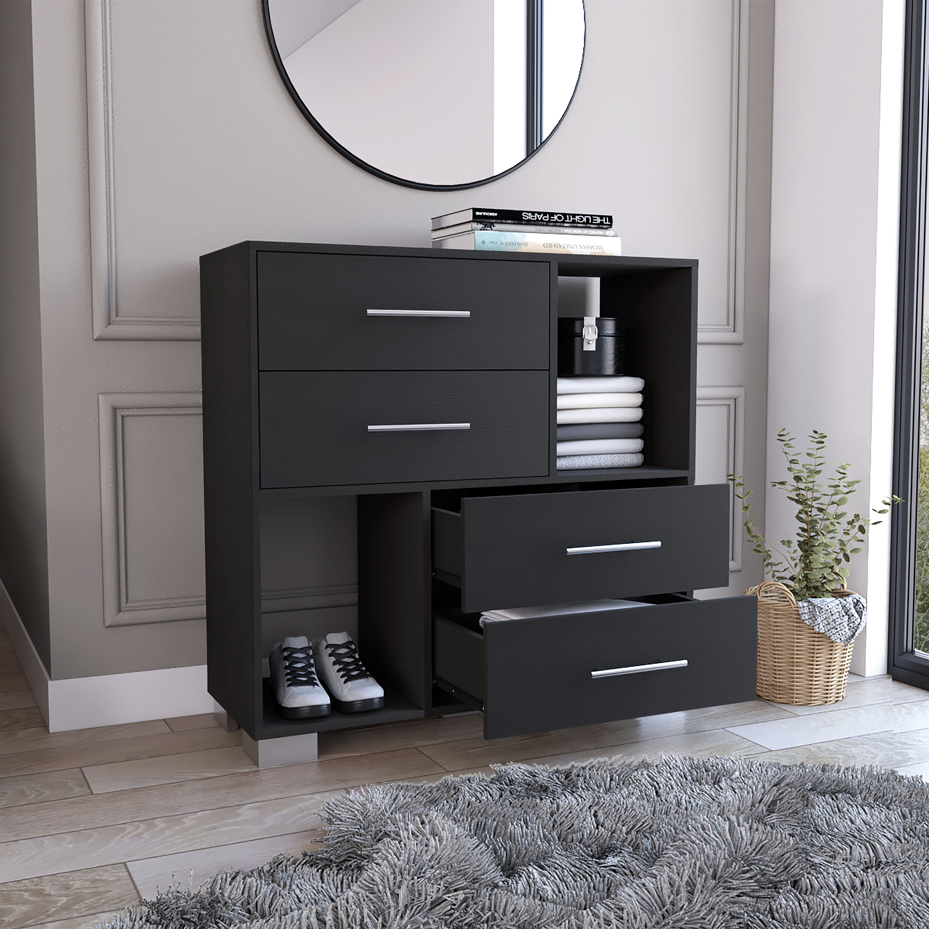 Krista Dresser, Two Open Shelves, Four Drawers -Black