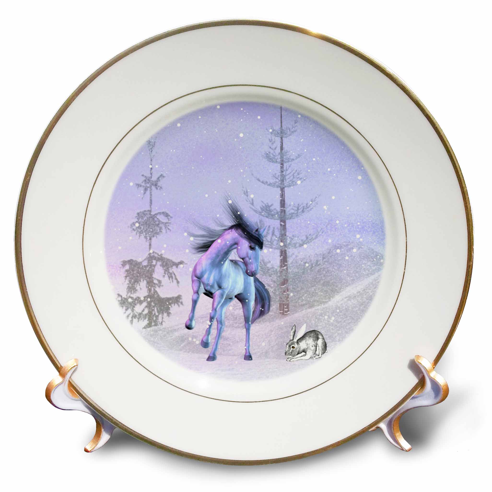 3dRose White Horse And Snowy Rabbit Playing In Winter, Porcelain Plate, 8-inch