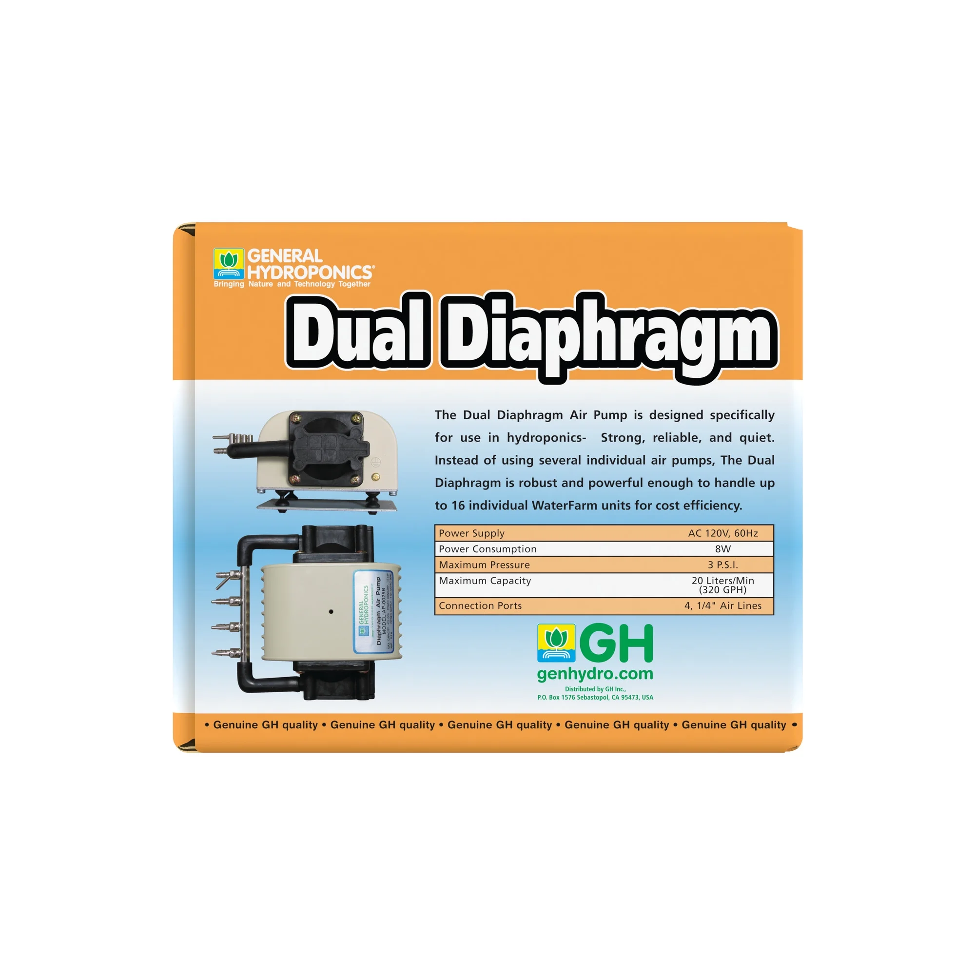 General Hydroponics Dual Diaphragm Air Pump 320 GPH 4 Outlet