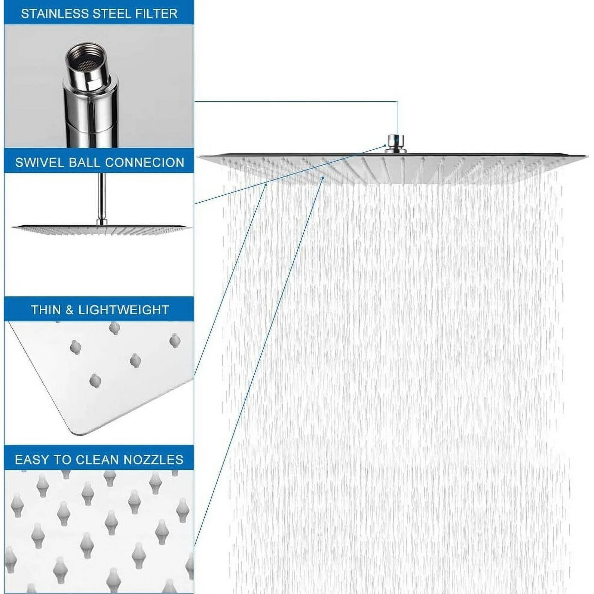 16 Inch Ultra Thin Square 304 Stainless Steel Fixed Rain Shower Head