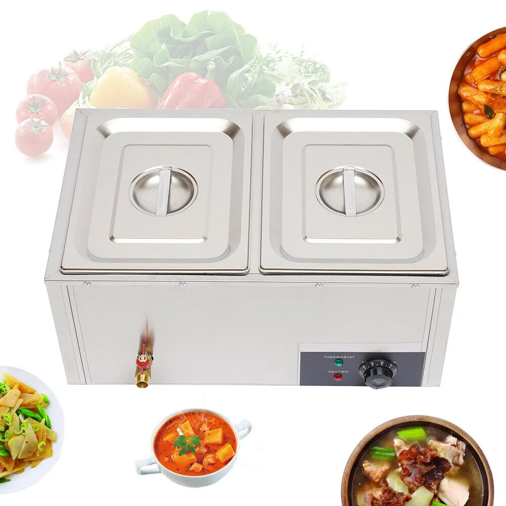 2Pan Commercial Food Warmer 850W Electric Steam Table Countertop Food Warmer 2 Pot Hot Well, for Catering and Restaurants 2×10L Stainless Steel Durable 110V 2 Pan Hot Well Bain Marie Food Warmer Steam