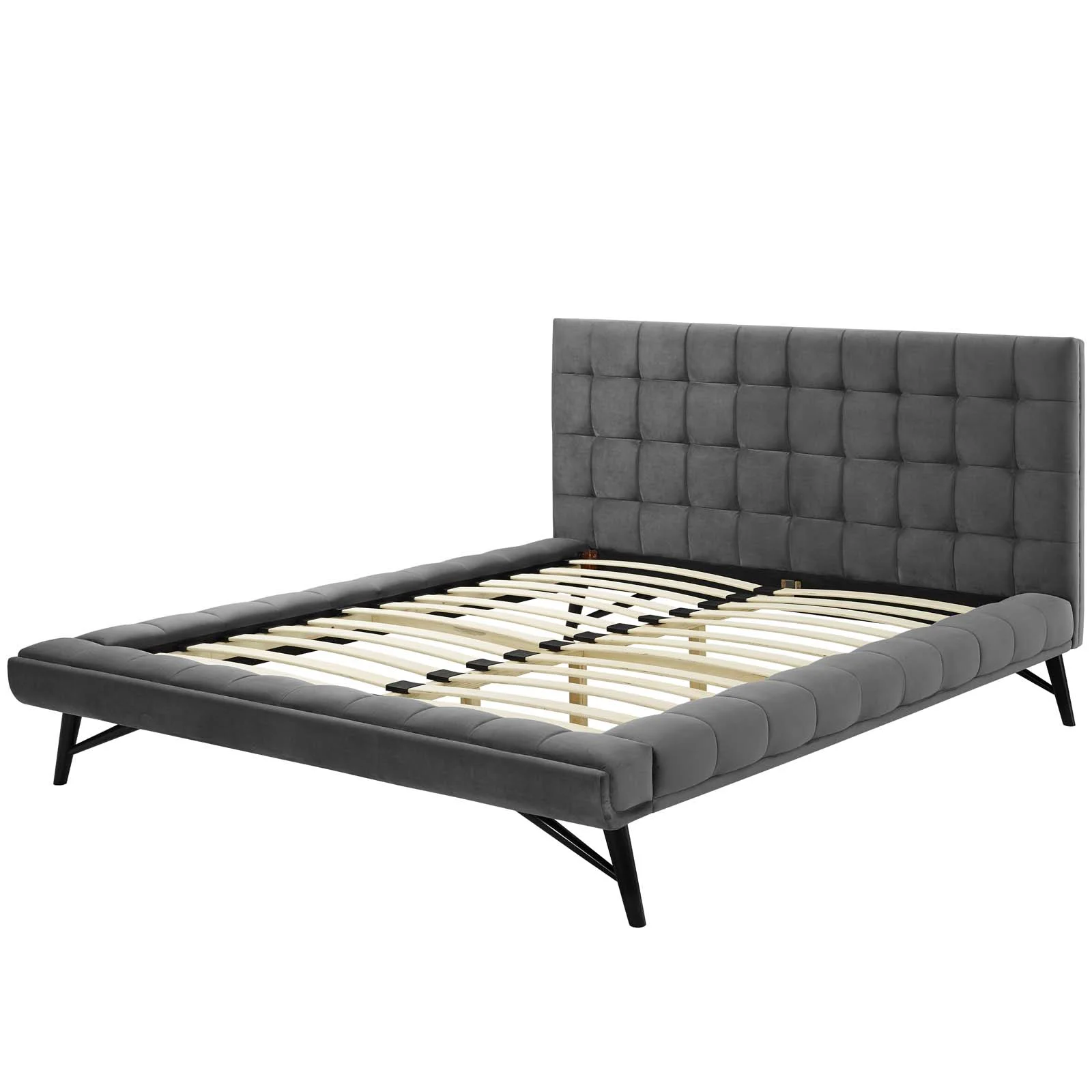 Contemporary Modern Urban Designer Bedroom Queen Size Platform Bed Frame, Velvet Fabric, Grey Gray