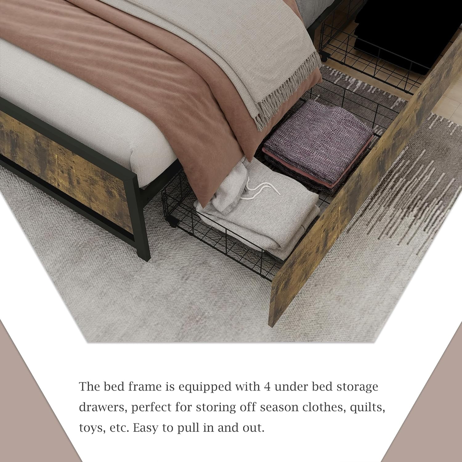 NNV King Size Metal Platform Bed Frame with 4 Drawers for Adults, Wooden Headboard, Rustic Brown