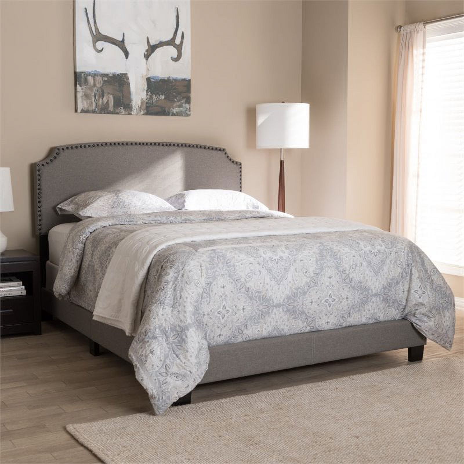 Bowery Hill Nailhead Upholstered Queen Bed in Light Grey