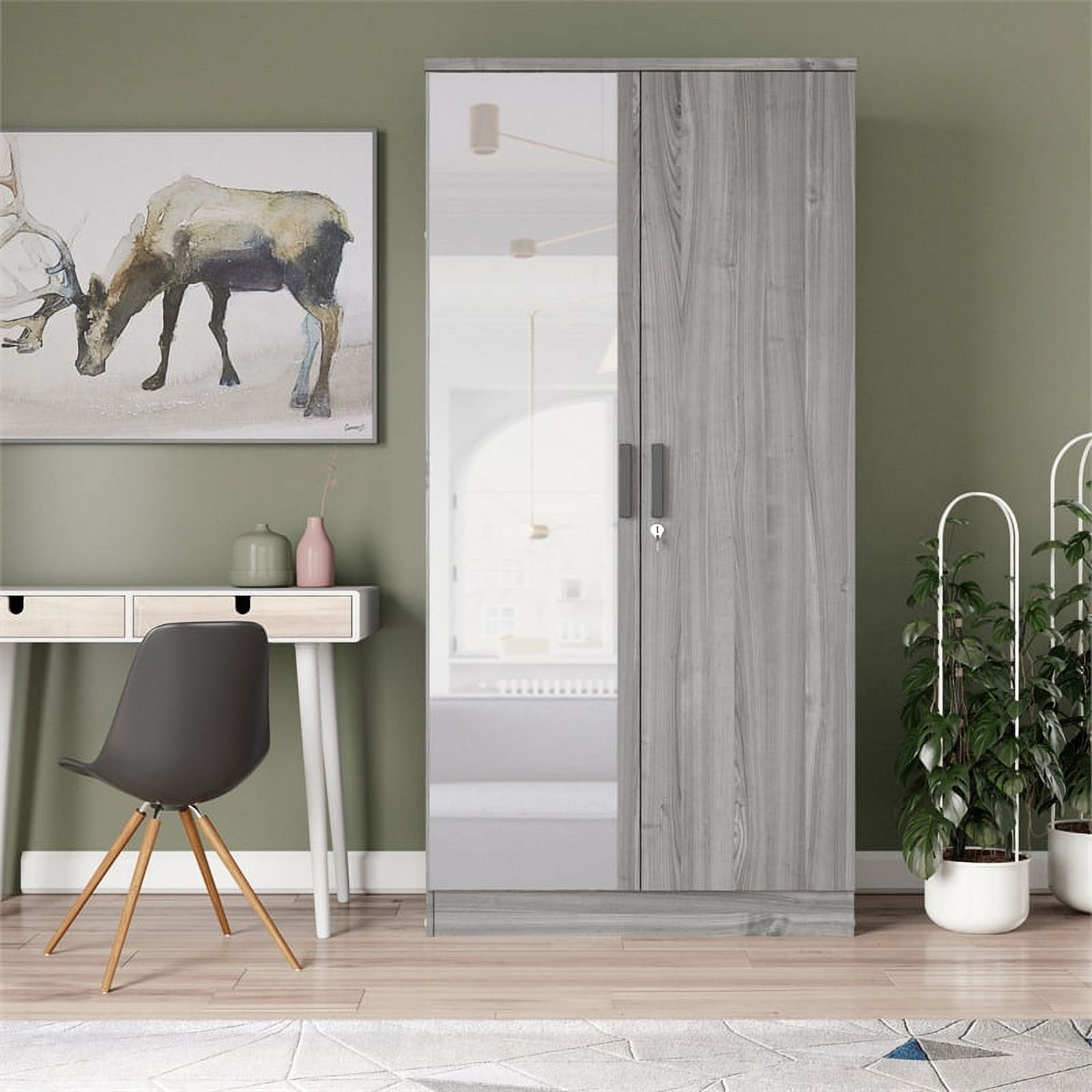 Better Home Products Harmony Two Door Armoire Wardrobe with Mirror in Gray