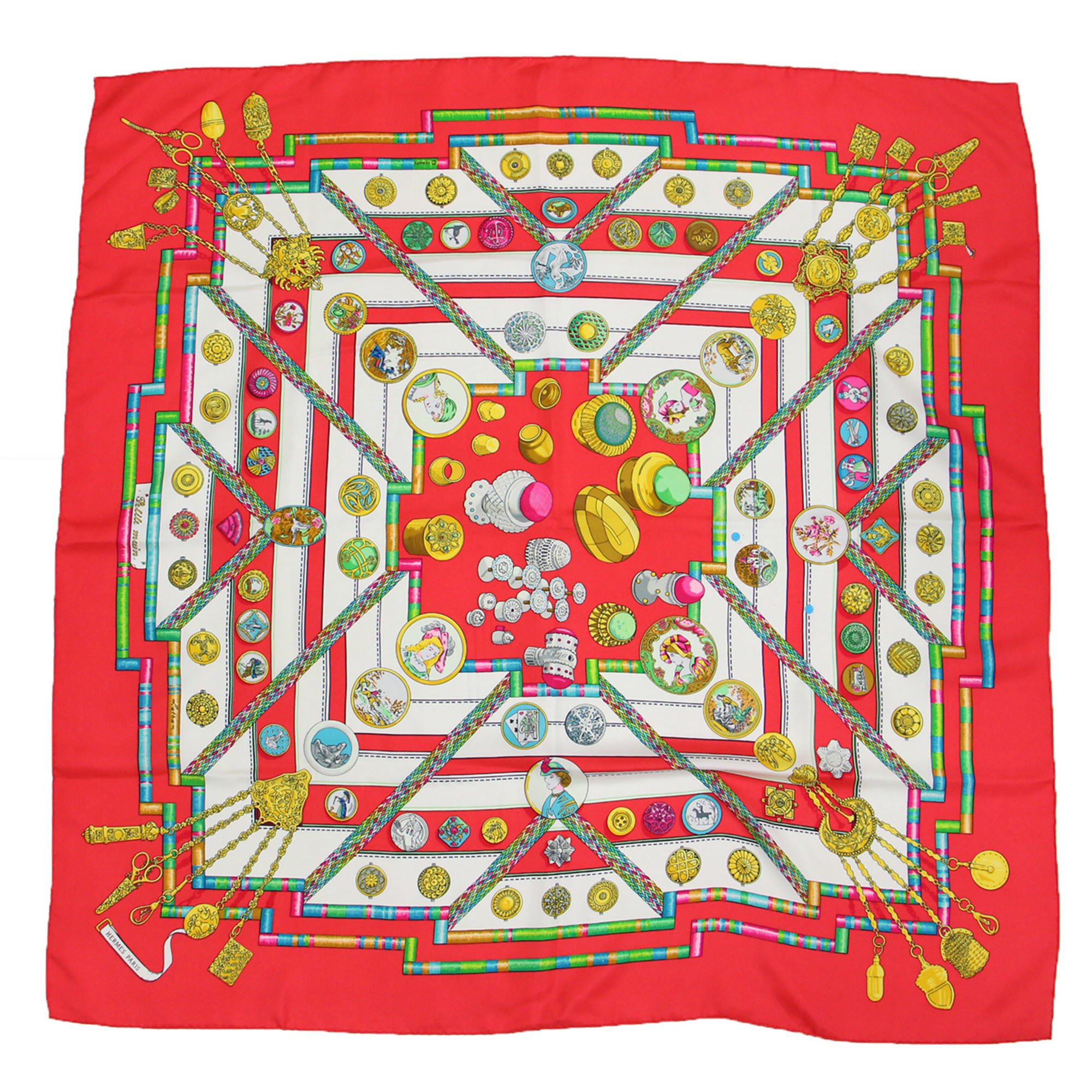 Pre-Owned HERMES Muffler/Scarf Large Square Allover Print Silk Carre90 Pelile main VINTAGE Vintage Item Red Made in France (Good)