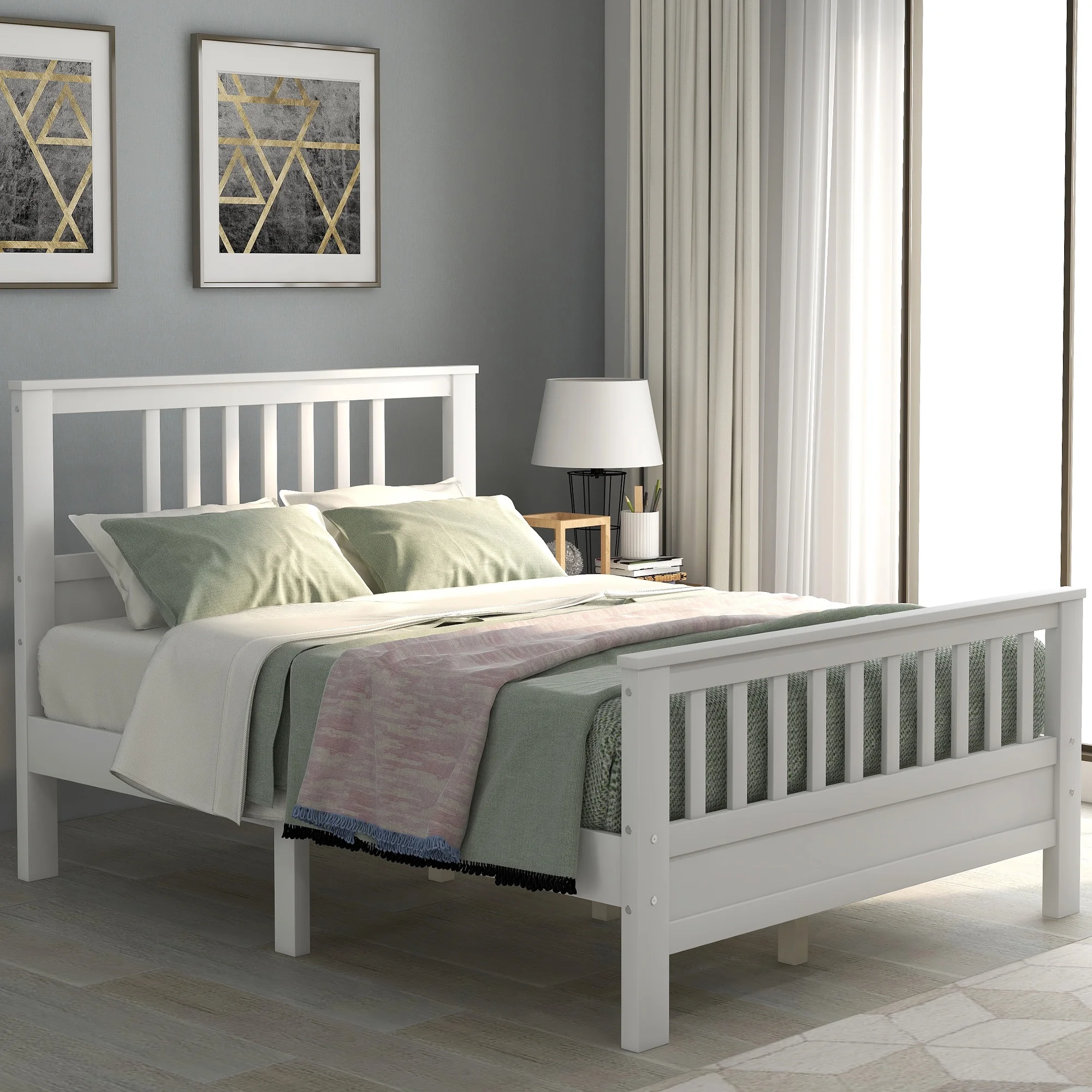 Nestfair White Full Wood Platform Bed with Headboard and Footboard