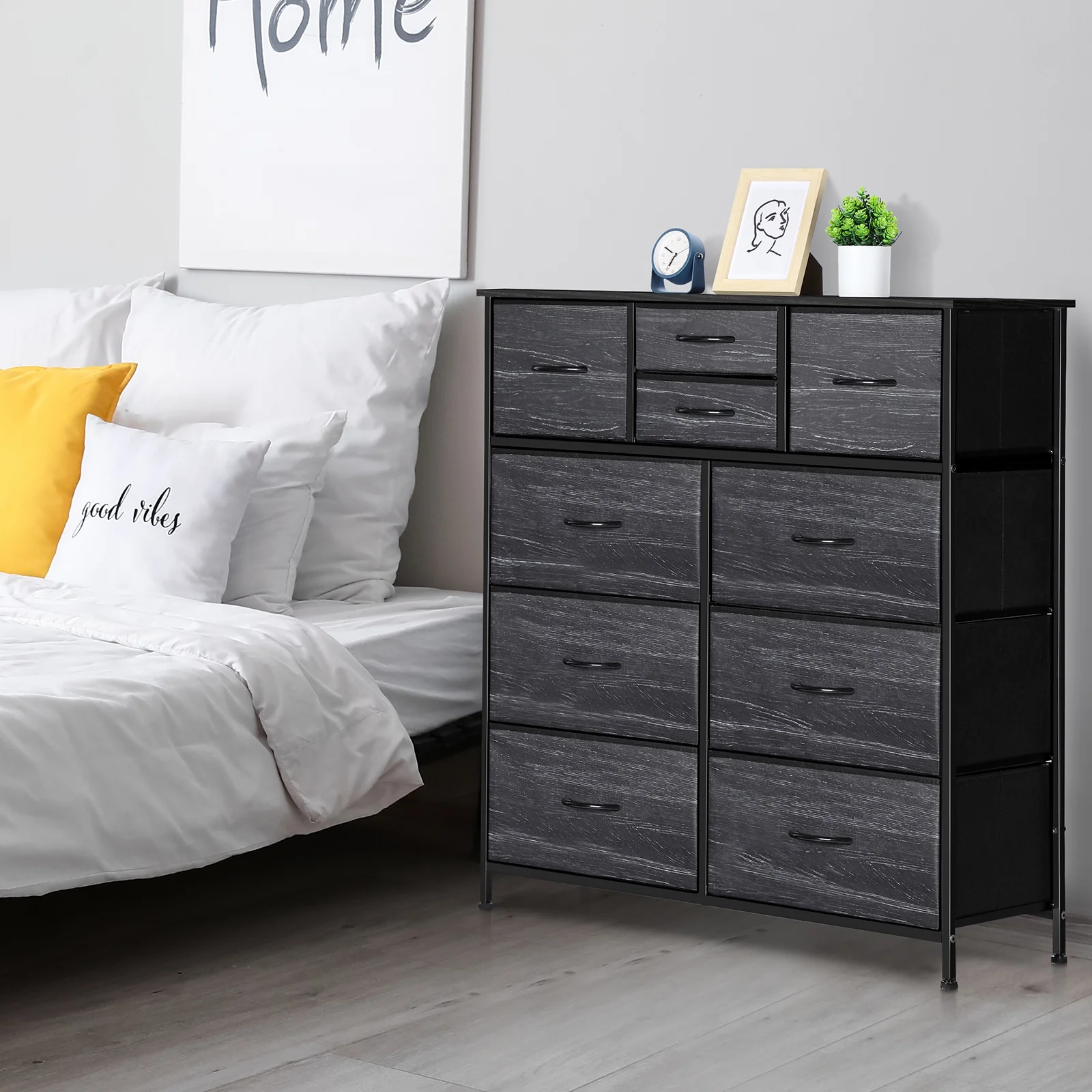 Dresser with 10 Fabric Drawers Small Chest of Drawers, Black