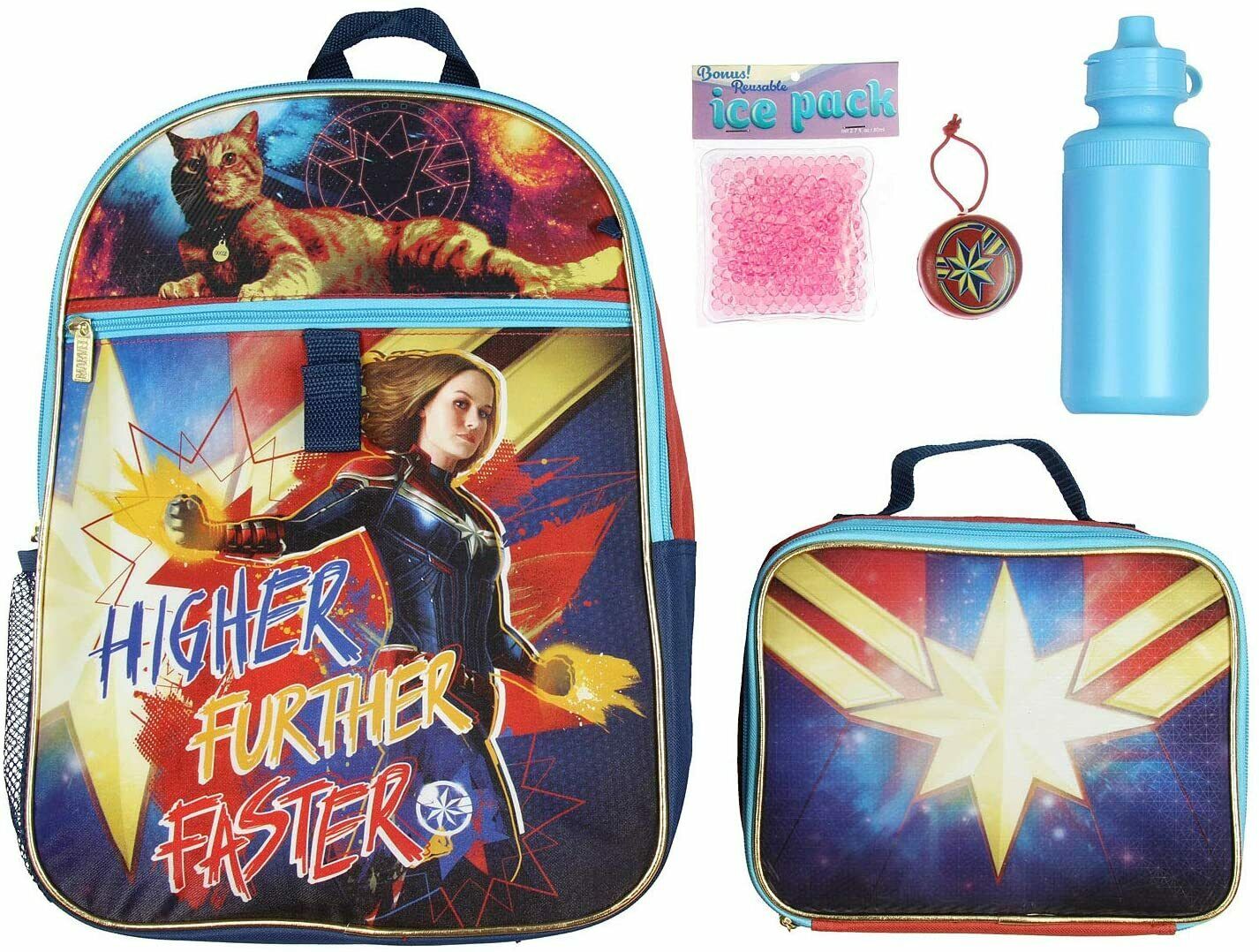 Captain Marvel Backpack Lunch Kit Water Bottle 5 Pc. Mega Set