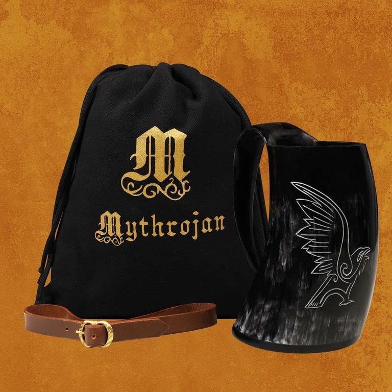 Mythrojan Viking Drinking Tankard with Medieval Buckle Leather Strap Wine Beer Mead Mug 800 ML - Polished Finish