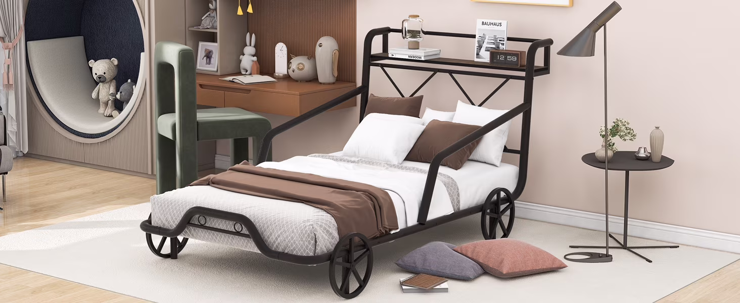 MOLES Twin Size Metal Car Bed with Four Wheels, Guardrails and X-Shaped Frame Shelf, Black