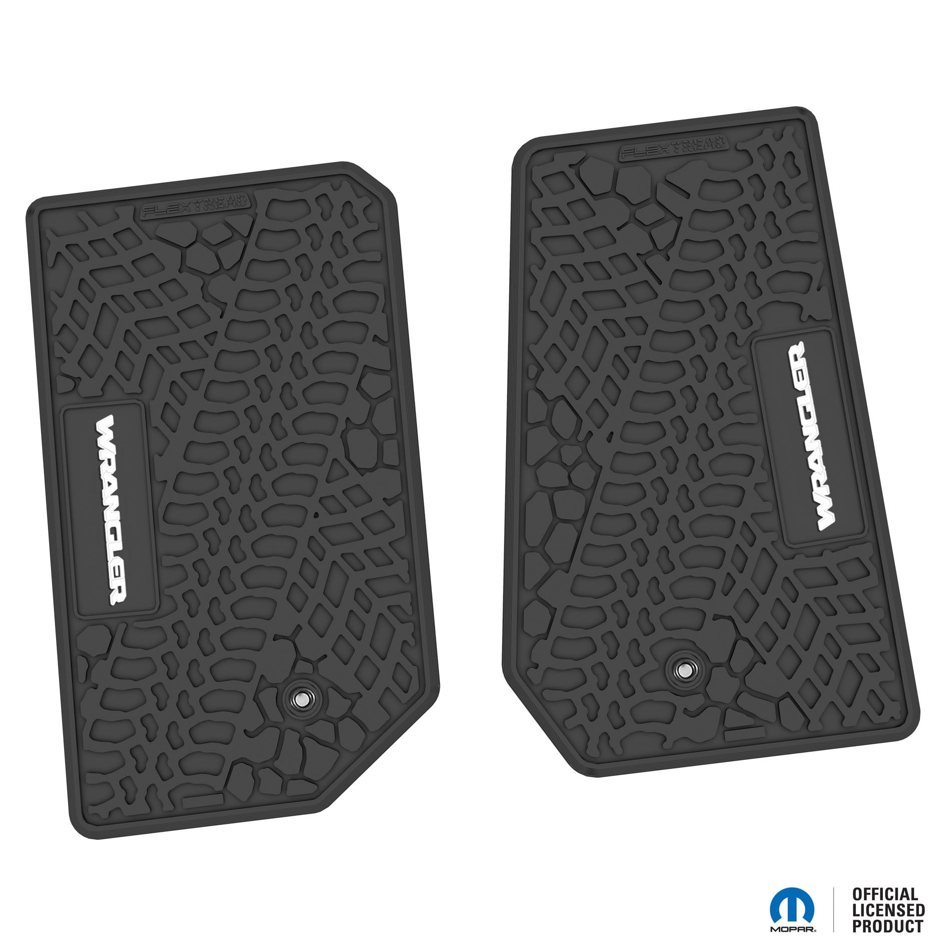 Jeep Floor Mats 07-13 Jeep Wrangler JK 2 Dr 2 Piece Tire Tread/Scorched Earth Scene w/ Wrangler Insert - Black w/ White Insert FlexTread